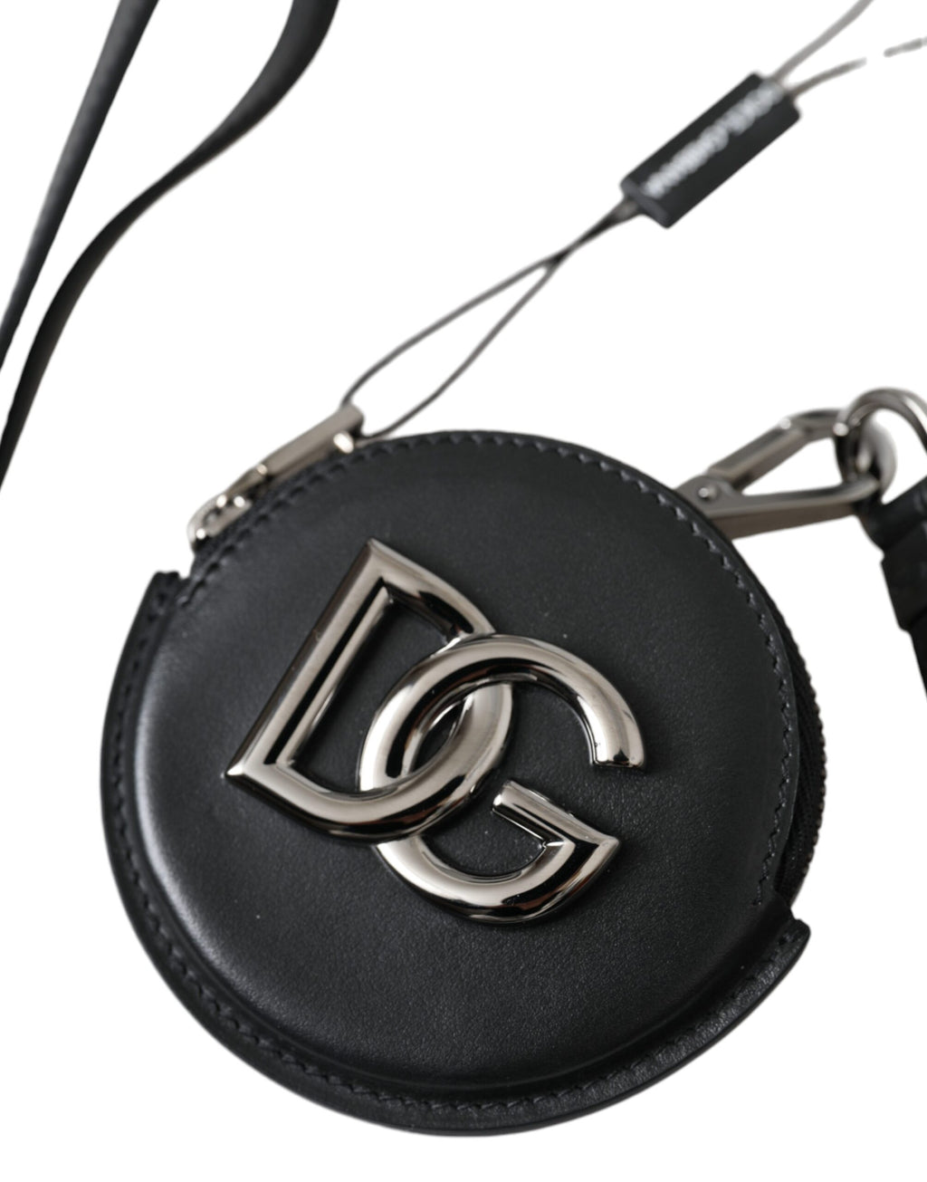 Dolce &amp; Gabbana Schwarzes rundes Leder-Portemonnaie mit DG-Logo und Schlüsselband