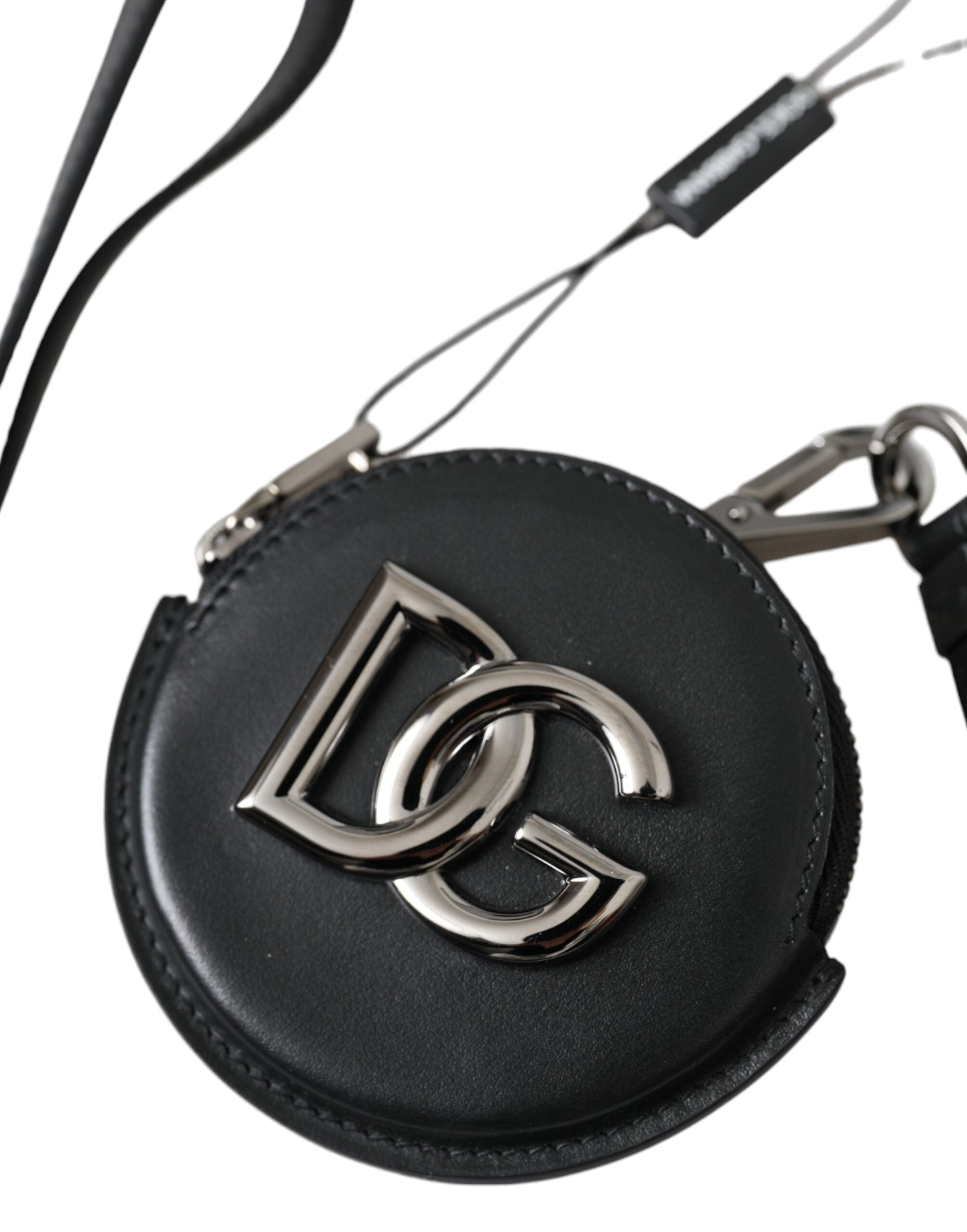 Dolce &amp; Gabbana Schwarzes rundes Leder-Portemonnaie mit DG-Logo und Schlüsselband