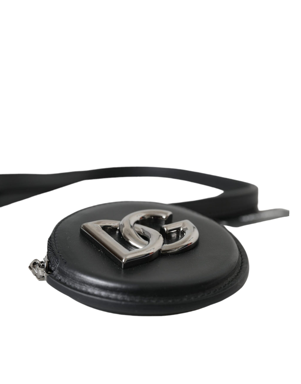 Dolce &amp; Gabbana Schwarzes rundes Leder-Portemonnaie mit DG-Logo und Schlüsselband