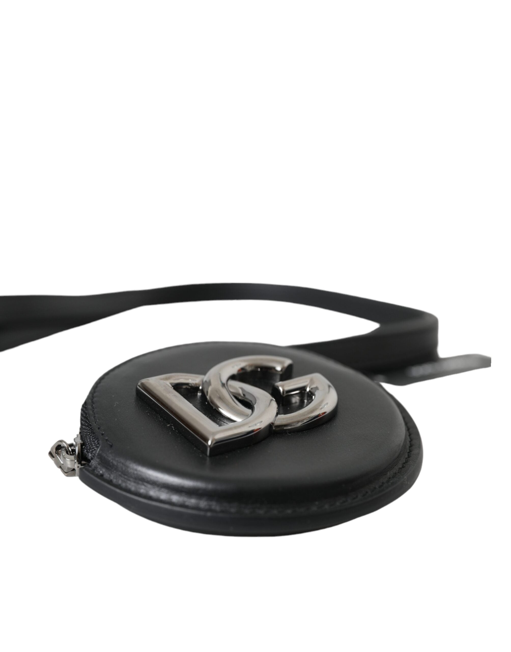 Dolce &amp; Gabbana Schwarzes rundes Leder-Portemonnaie mit DG-Logo und Schlüsselband