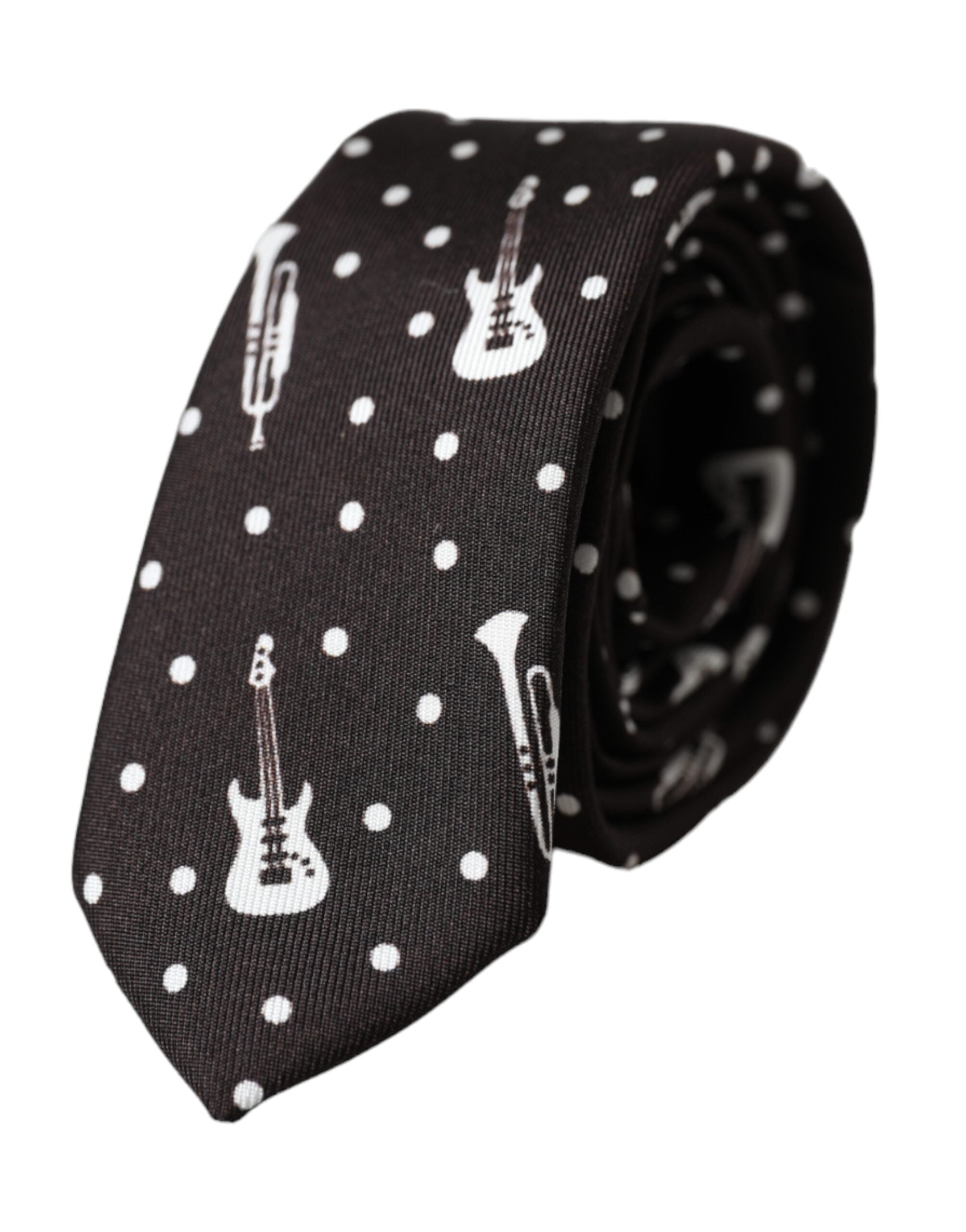 Dolce &amp; Gabbana Schwarze verstellbare Seidenkrawatte mit Gitarrendruck