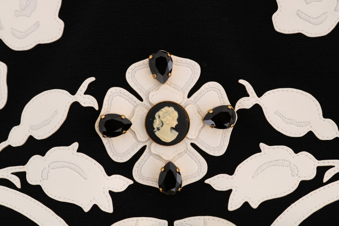 Dolce &amp; Gabbana – Schwarz-weißer Bleistiftrock mit Blumenmuster und Barockkristallen