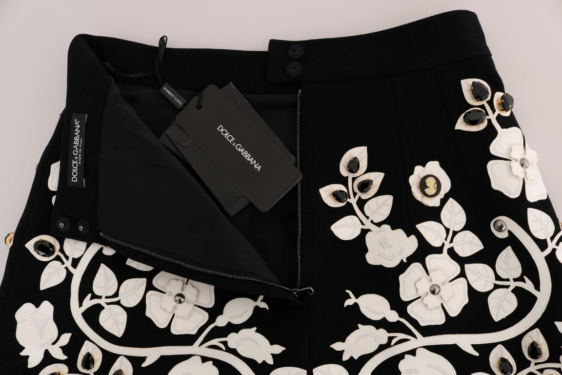 Dolce &amp; Gabbana – Schwarz-weißer Bleistiftrock mit Blumenmuster und Barockkristallen