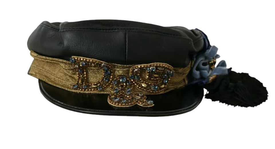 Dolce &amp; Gabbana Schiffermütze aus schwarzem Leder mit Kristallperlen und goldenem Band