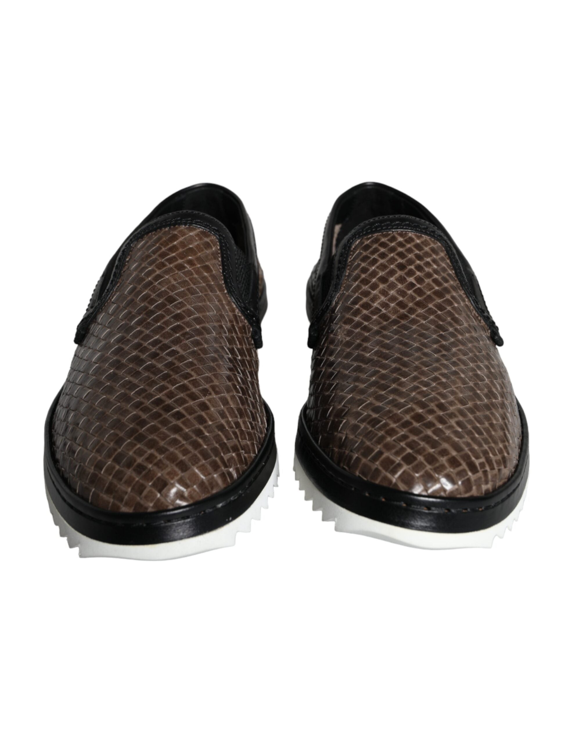 Dolce &amp; Gabbana Braun Schwarz Leder Gewebte Herren Loafer Schuhe