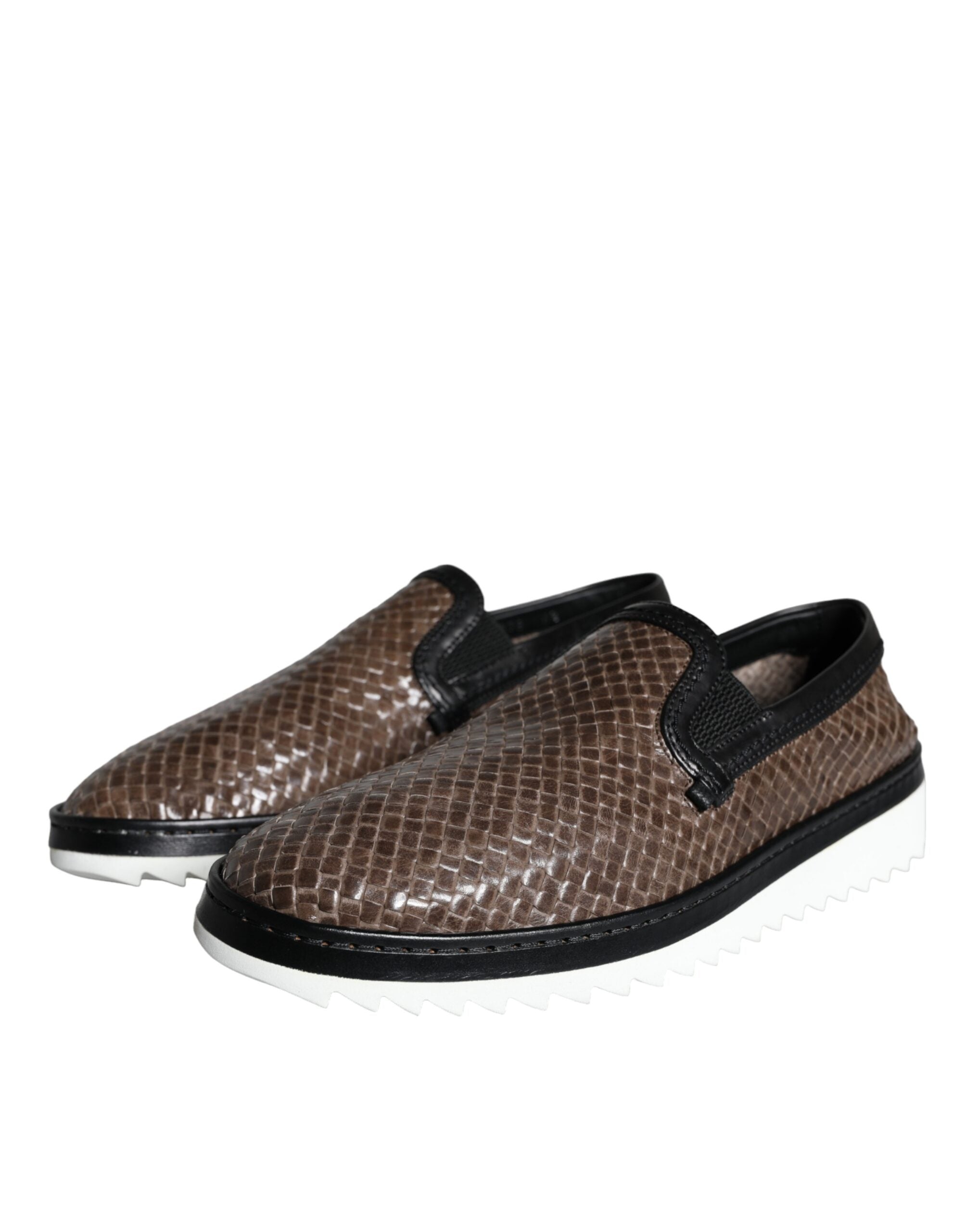 Dolce &amp; Gabbana Braun Schwarz Leder Gewebte Herren Loafer Schuhe