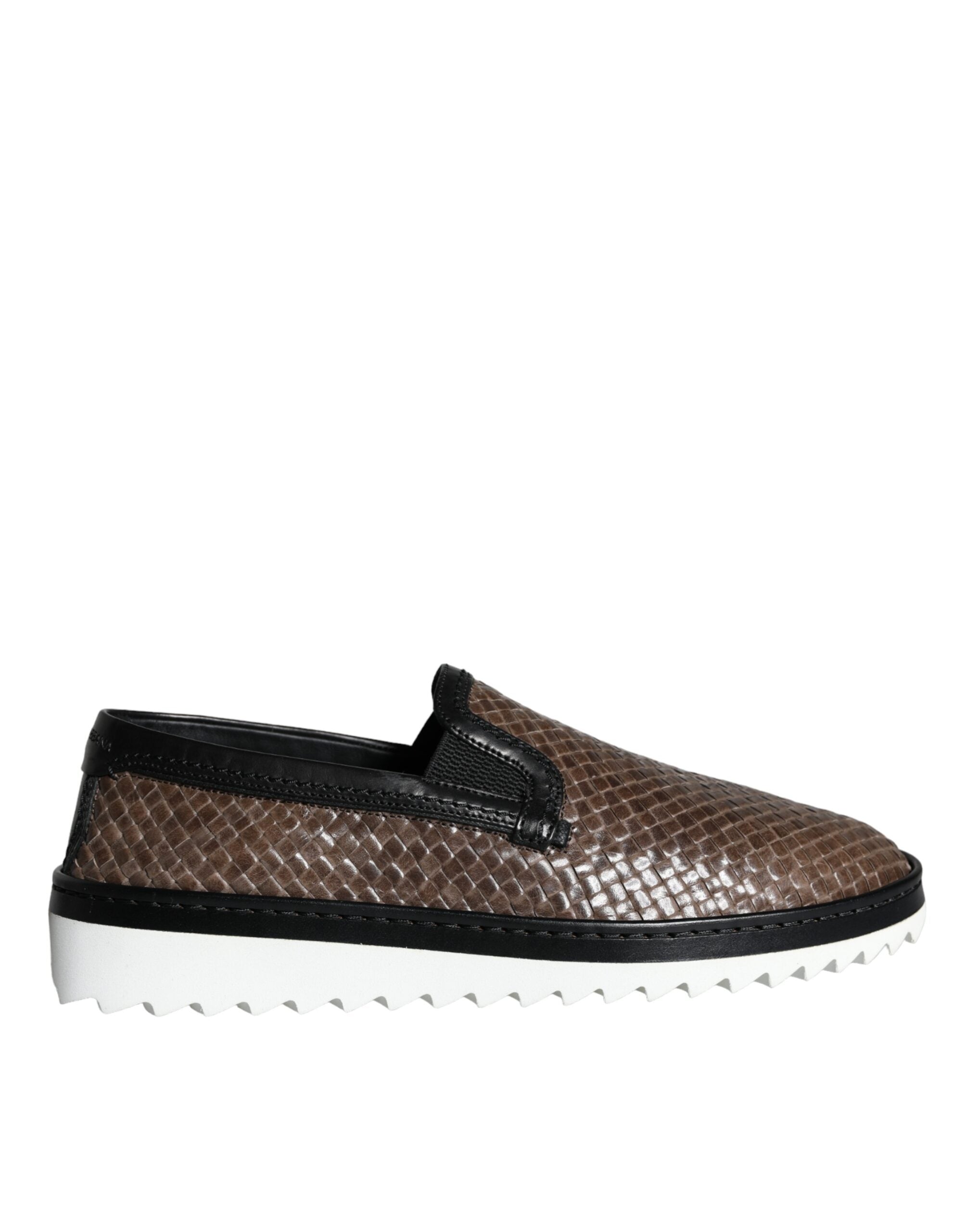 Dolce &amp; Gabbana Braun Schwarz Leder Gewebte Herren Loafer Schuhe