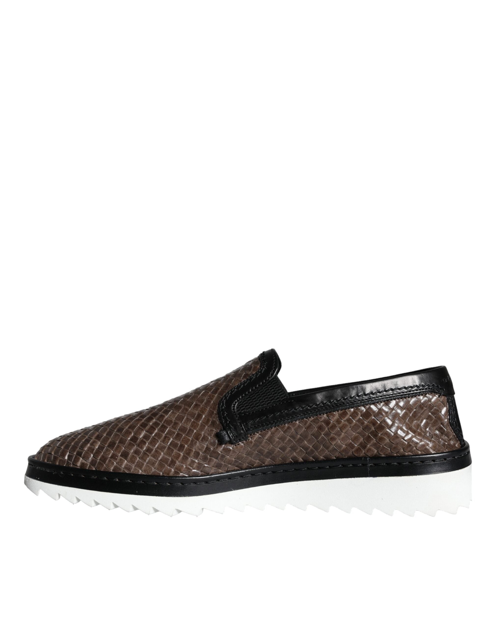 Dolce &amp; Gabbana Braun Schwarz Leder Gewebte Herren Loafer Schuhe