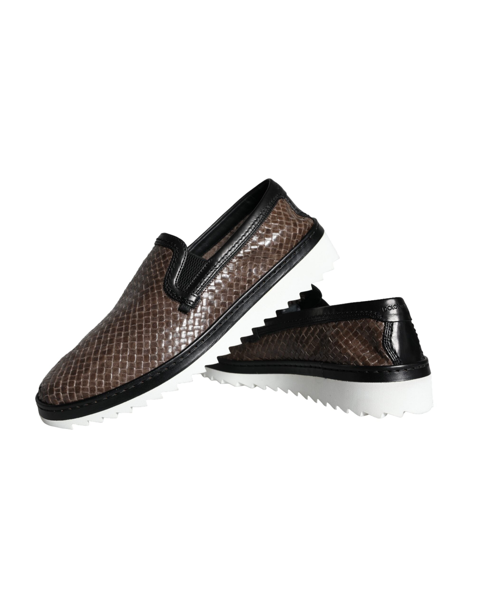 Dolce &amp; Gabbana Braun Schwarz Leder Gewebte Herren Loafer Schuhe