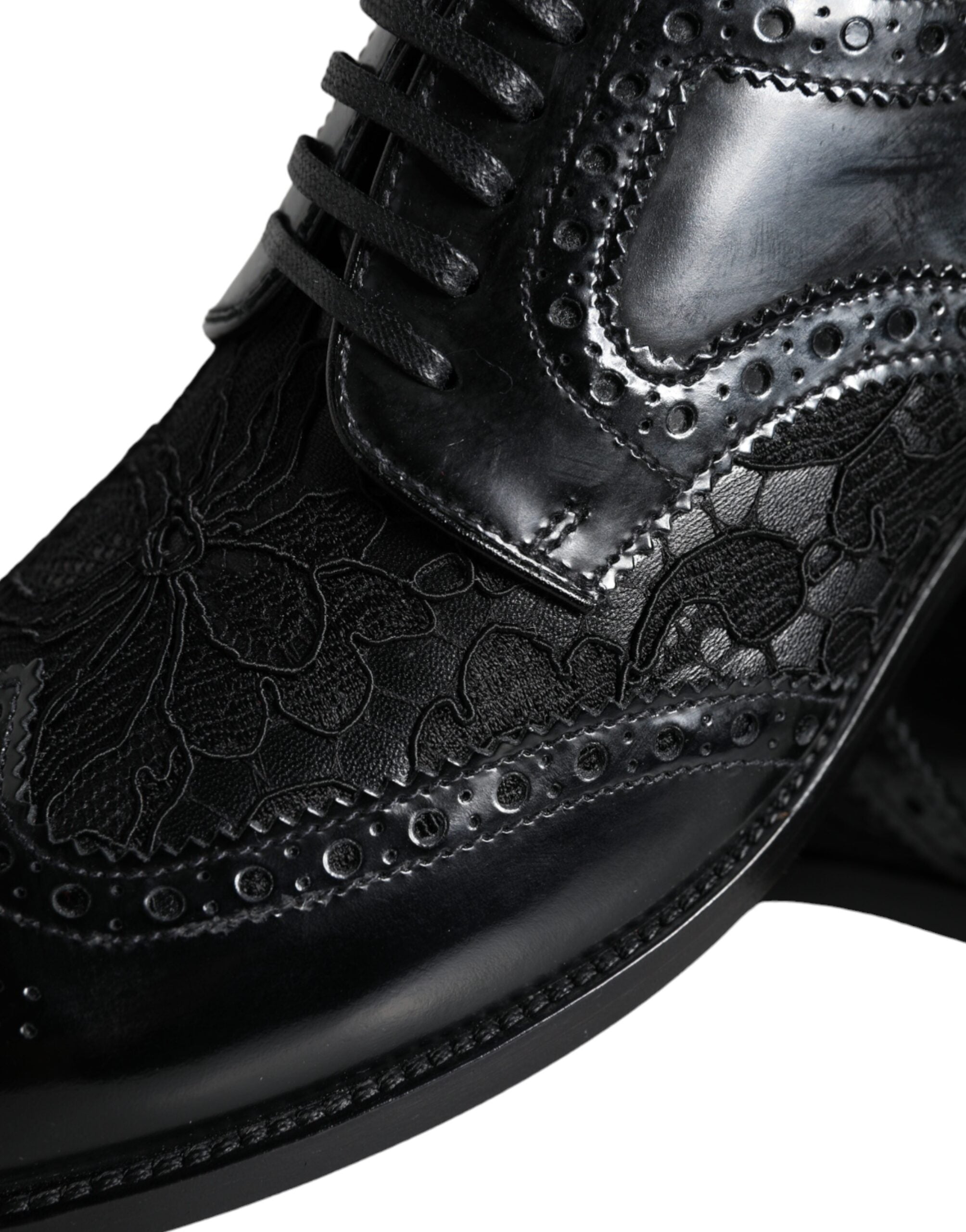 Dolce &amp; Gabbana – Formelle Schuhe aus schwarzem Leder mit floraler Spitze
