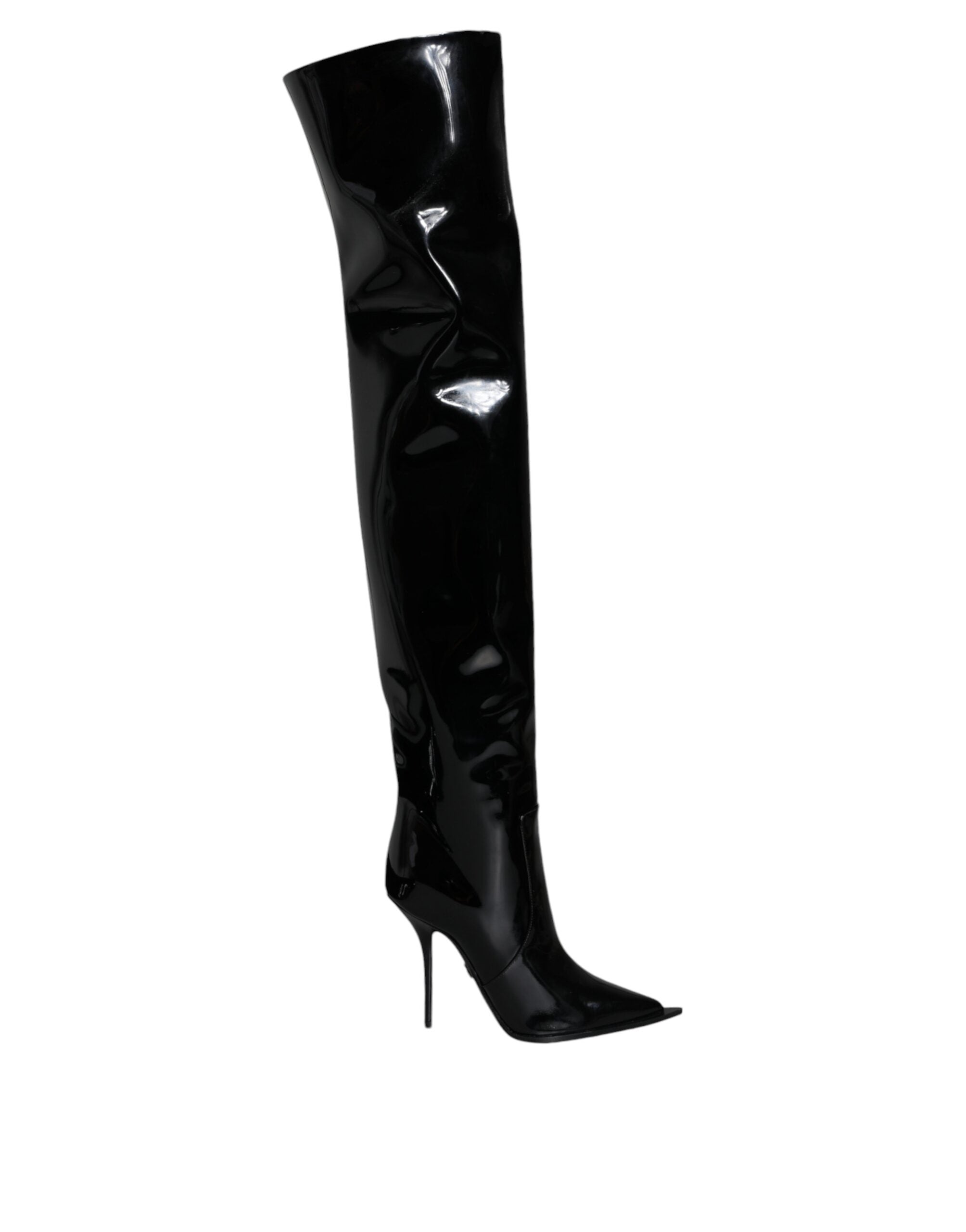 Dolce &amp; Gabbana Schwarze kniehohe Stiefel aus Lackleder