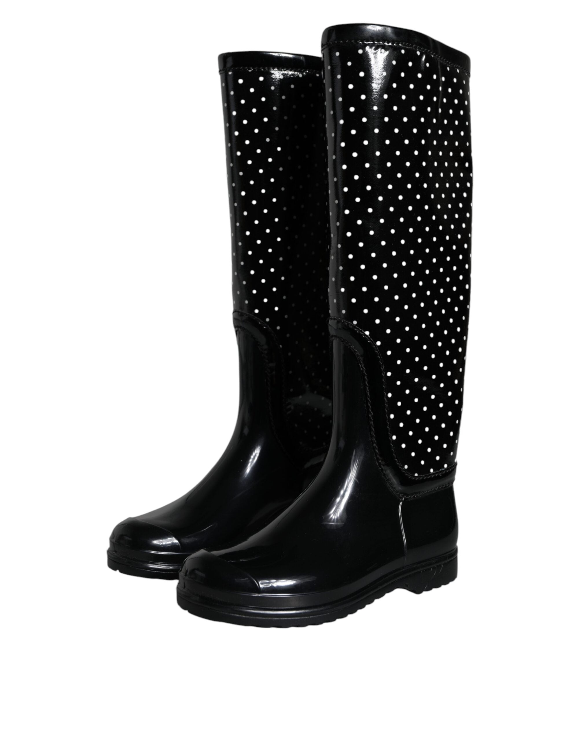 Dolce &amp; Gabbana – Kniehohe Stiefel aus Gummi mit schwarzen Punkten