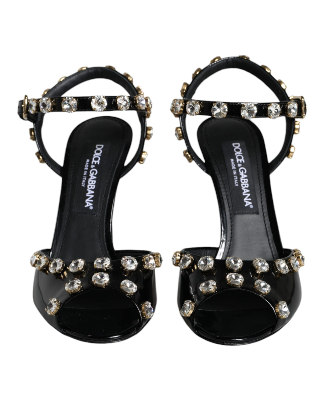 Dolce &amp; Gabbana Schwarze Sandalen aus Leder mit Knöchelriemen und Kristallen