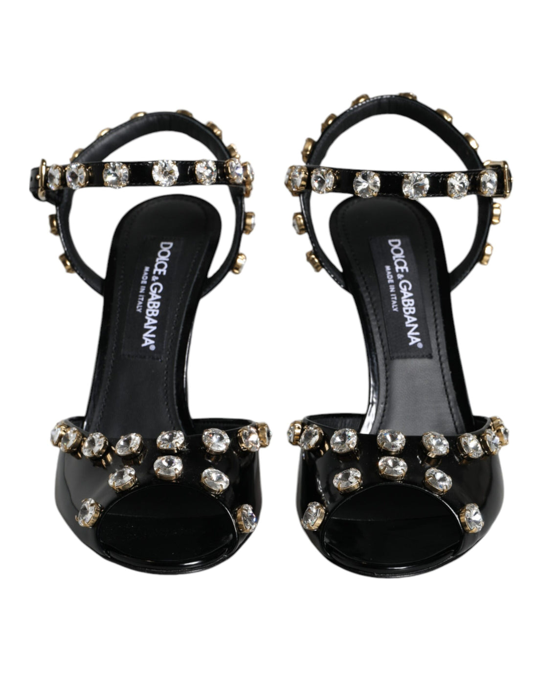 Dolce &amp; Gabbana Schwarze Sandalen aus Leder mit Knöchelriemen und Kristallen