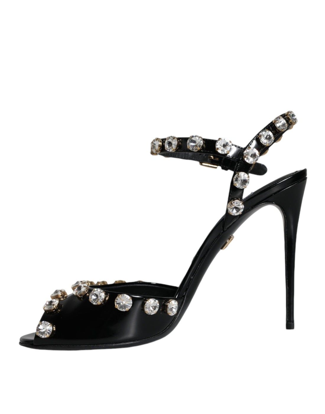 Dolce &amp; Gabbana Schwarze Sandalen aus Leder mit Knöchelriemen und Kristallen