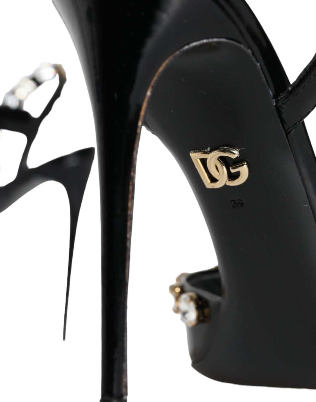 Dolce &amp; Gabbana Schwarze Sandalen aus Leder mit Knöchelriemen und Kristallen