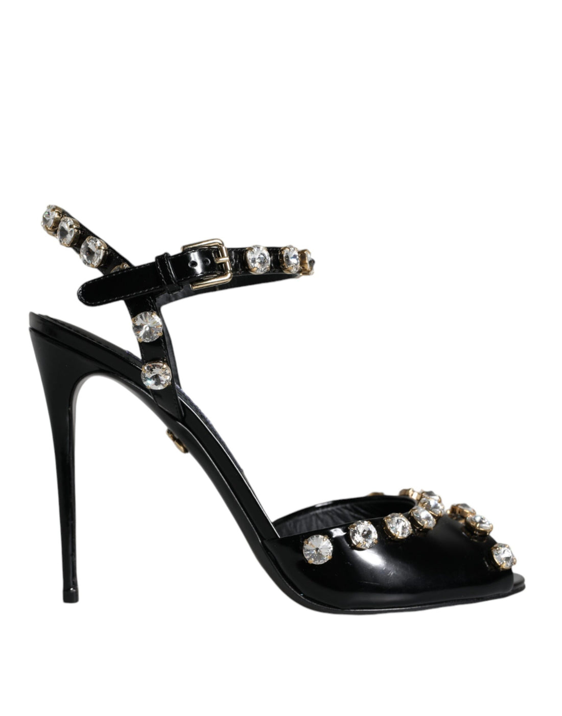 Dolce &amp; Gabbana Schwarze Sandalen aus Leder mit Knöchelriemen und Kristallen