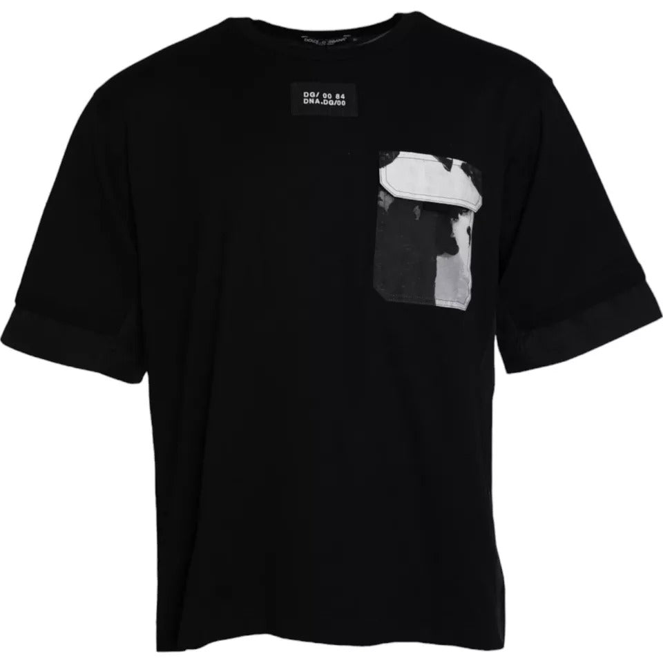 Dolce &amp; Gabbana Schwarzes Herren-T-Shirt mit kurzen Ärmeln und Tasche aus Baumwolle