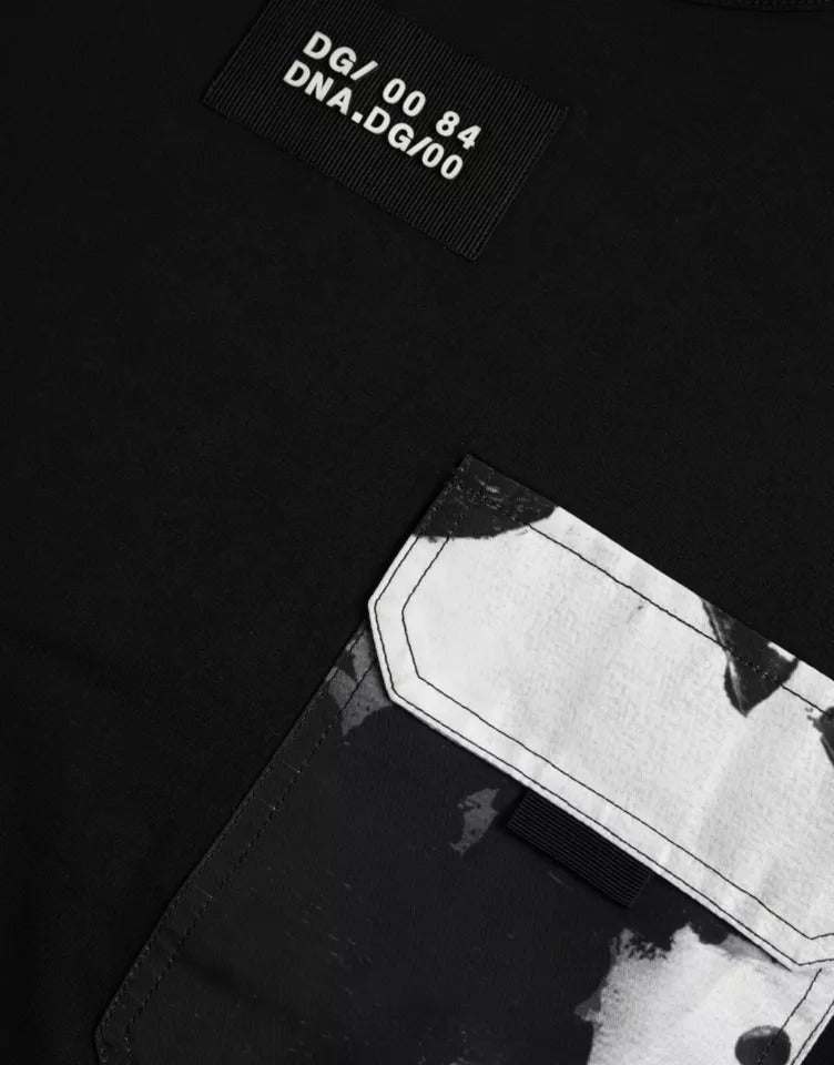 Dolce &amp; Gabbana Schwarzes Herren-T-Shirt mit kurzen Ärmeln und Tasche aus Baumwolle