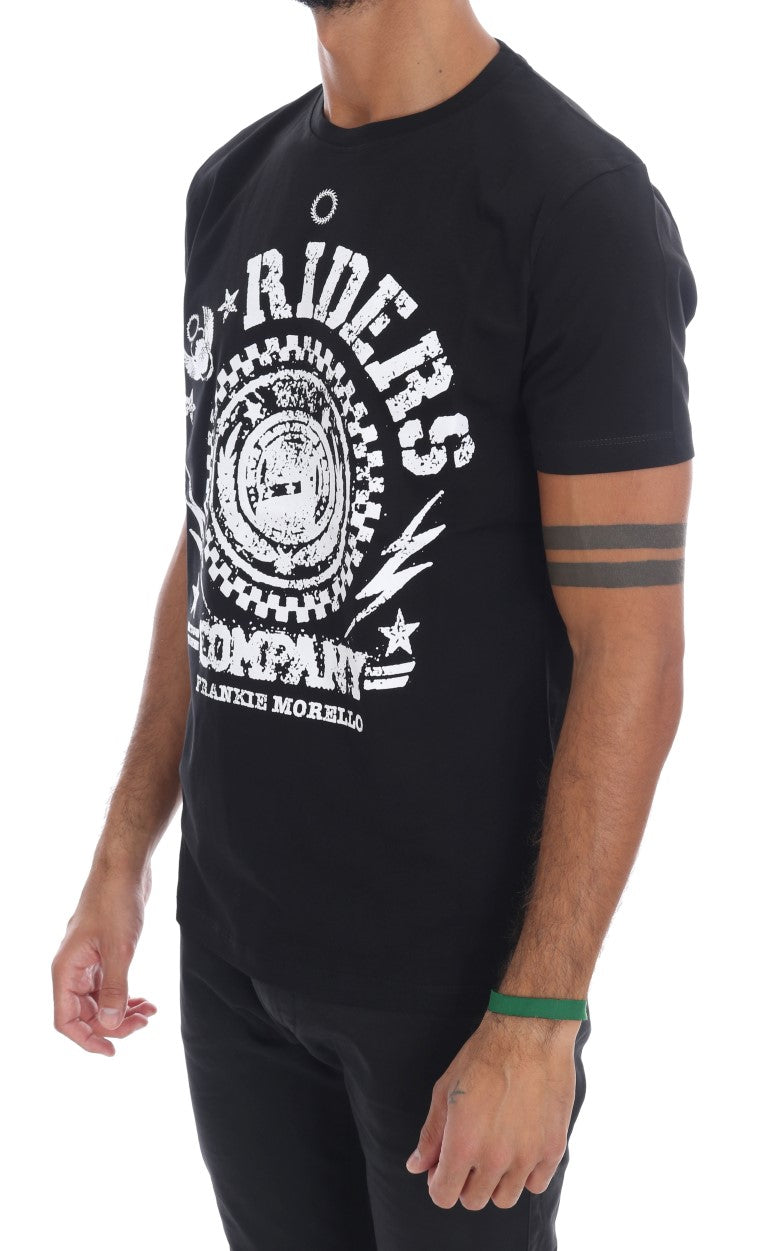 Schickes schwarzes Rundhals-T-Shirt von Frankie Morello mit „RIDERS“-Motiv