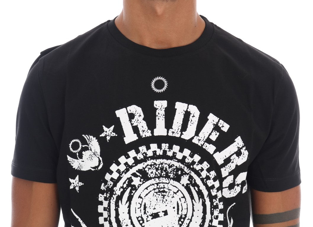 Schickes schwarzes Rundhals-T-Shirt von Frankie Morello mit „RIDERS“-Motiv