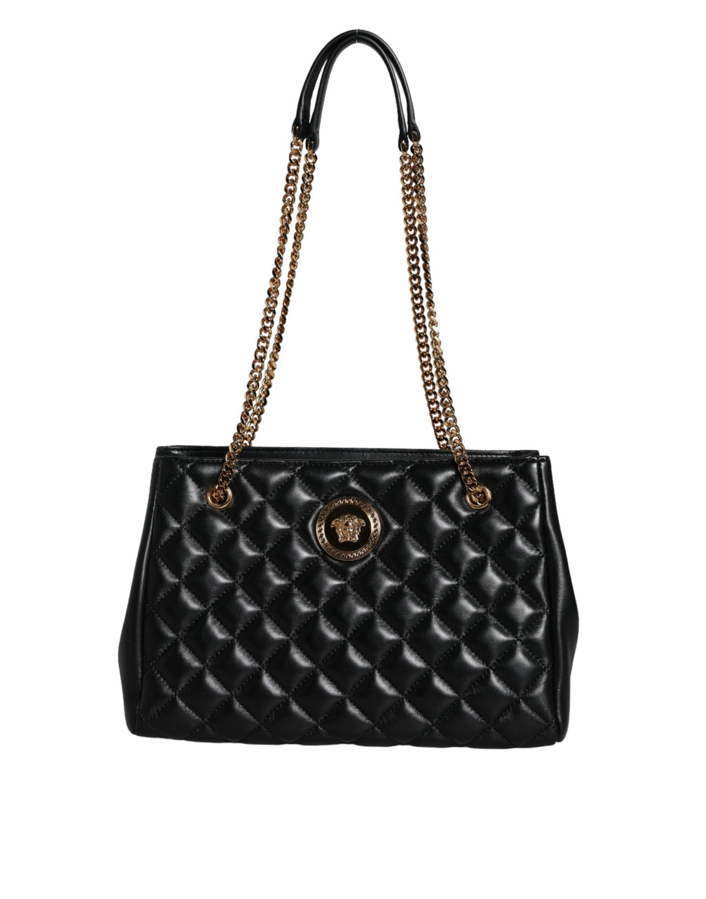 Versace – Schultertasche aus gestepptem Nappaleder mit Kettenriemen in Schwarz