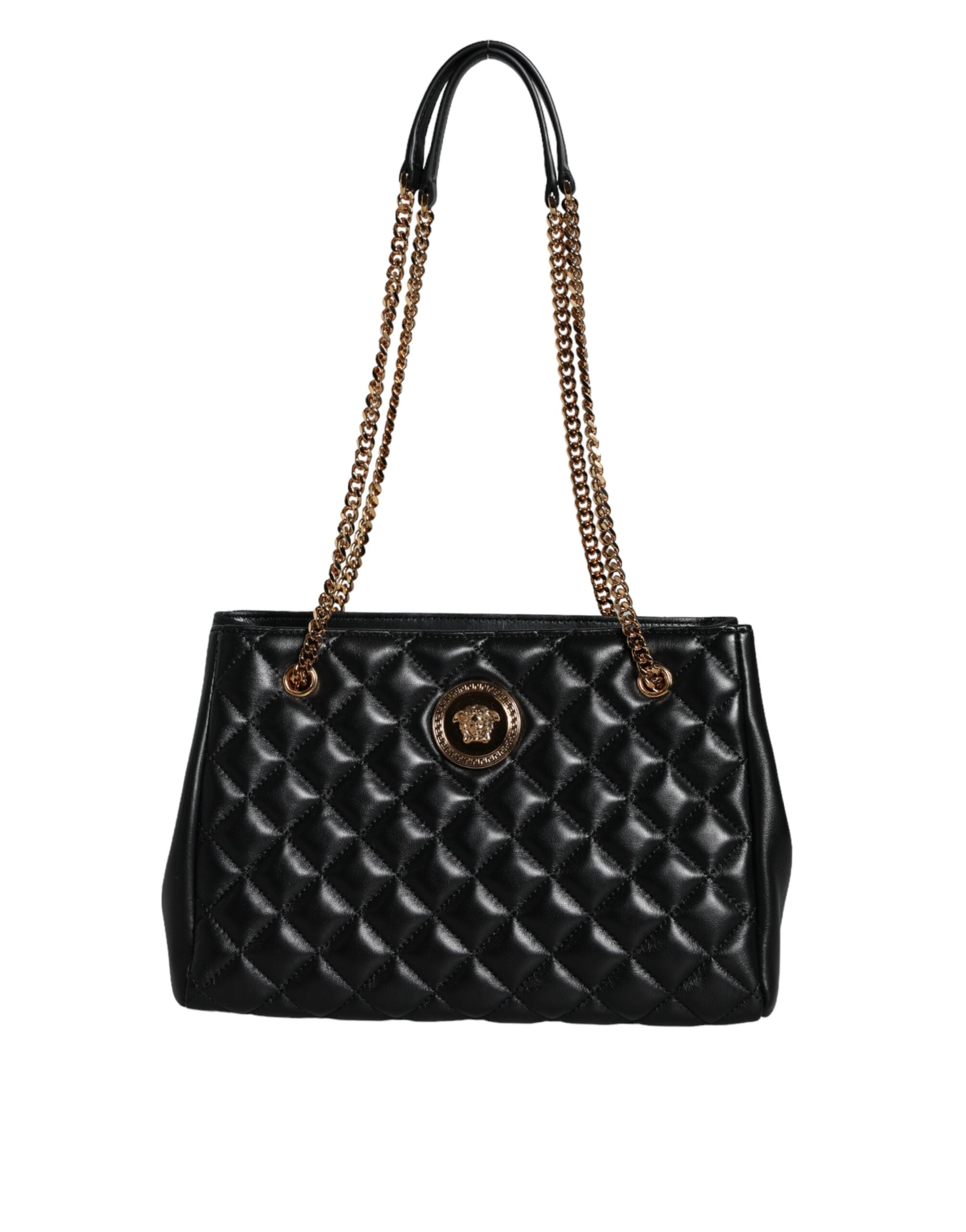 Versace – Schultertasche aus gestepptem Nappaleder mit Kettenriemen in Schwarz