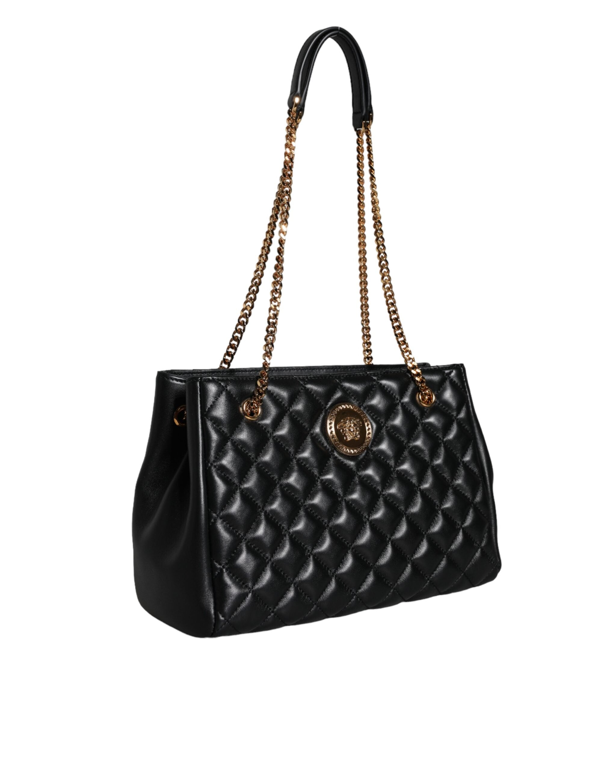 Versace – Schultertasche aus gestepptem Nappaleder mit Kettenriemen in Schwarz