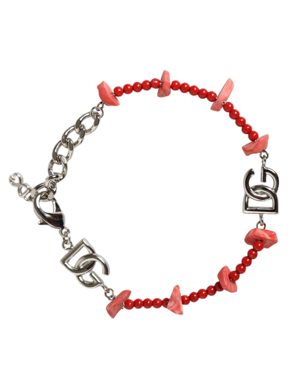 Dolce &amp; Gabbana – Silberfarbenes Kettenarmband mit DG-Logo und Perlen aus Kunstharz