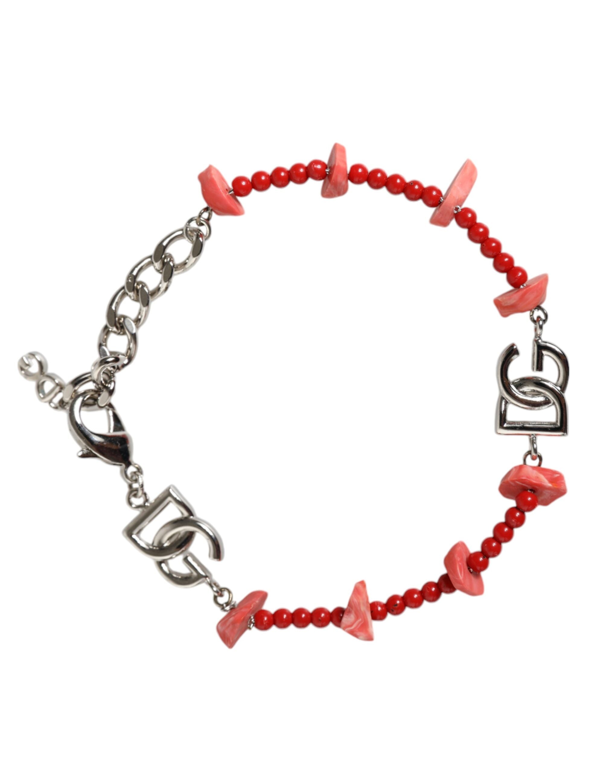 Dolce &amp; Gabbana – Silberfarbenes Kettenarmband mit DG-Logo und Perlen aus Kunstharz