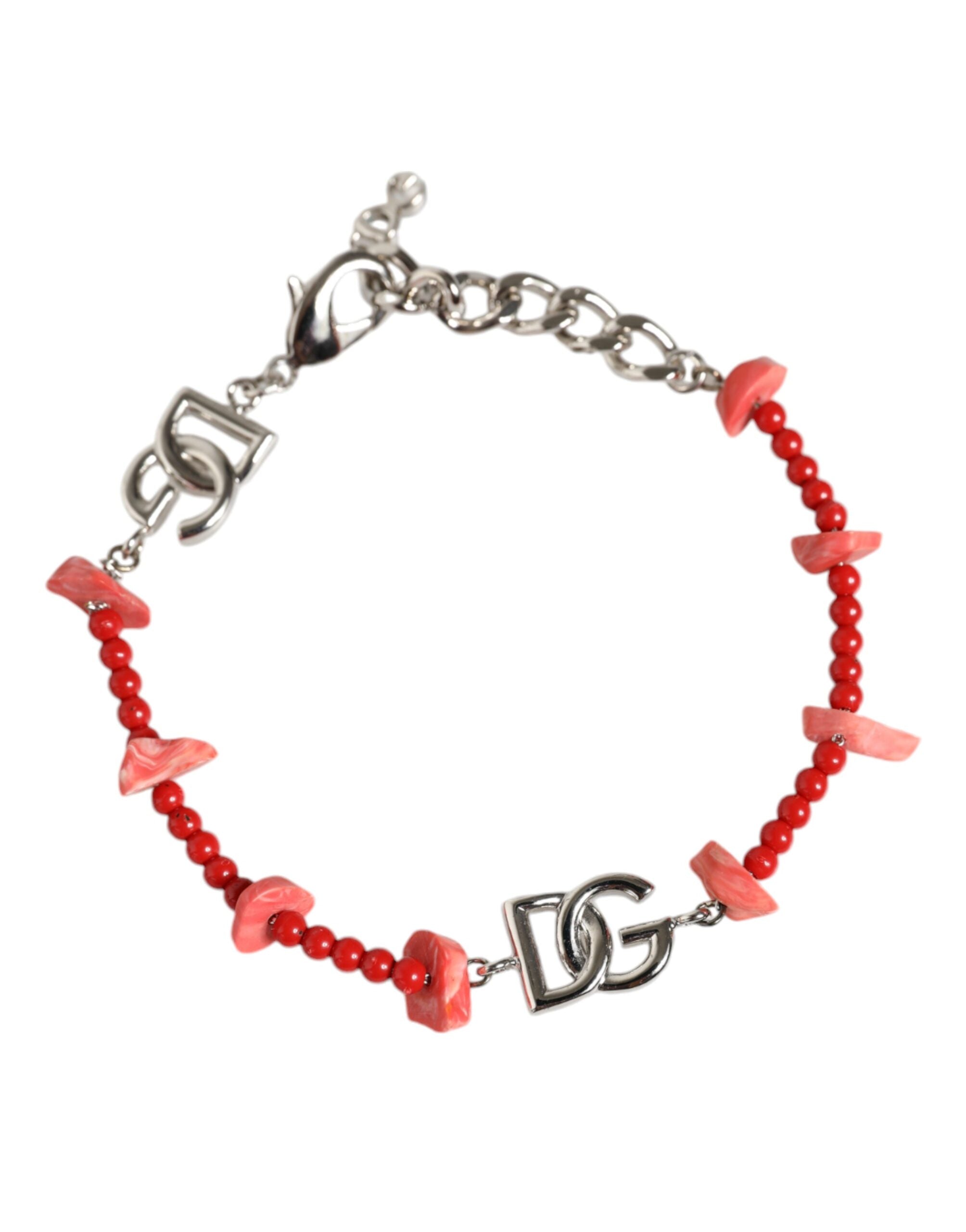 Dolce &amp; Gabbana – Silberfarbenes Kettenarmband mit DG-Logo und Perlen aus Kunstharz