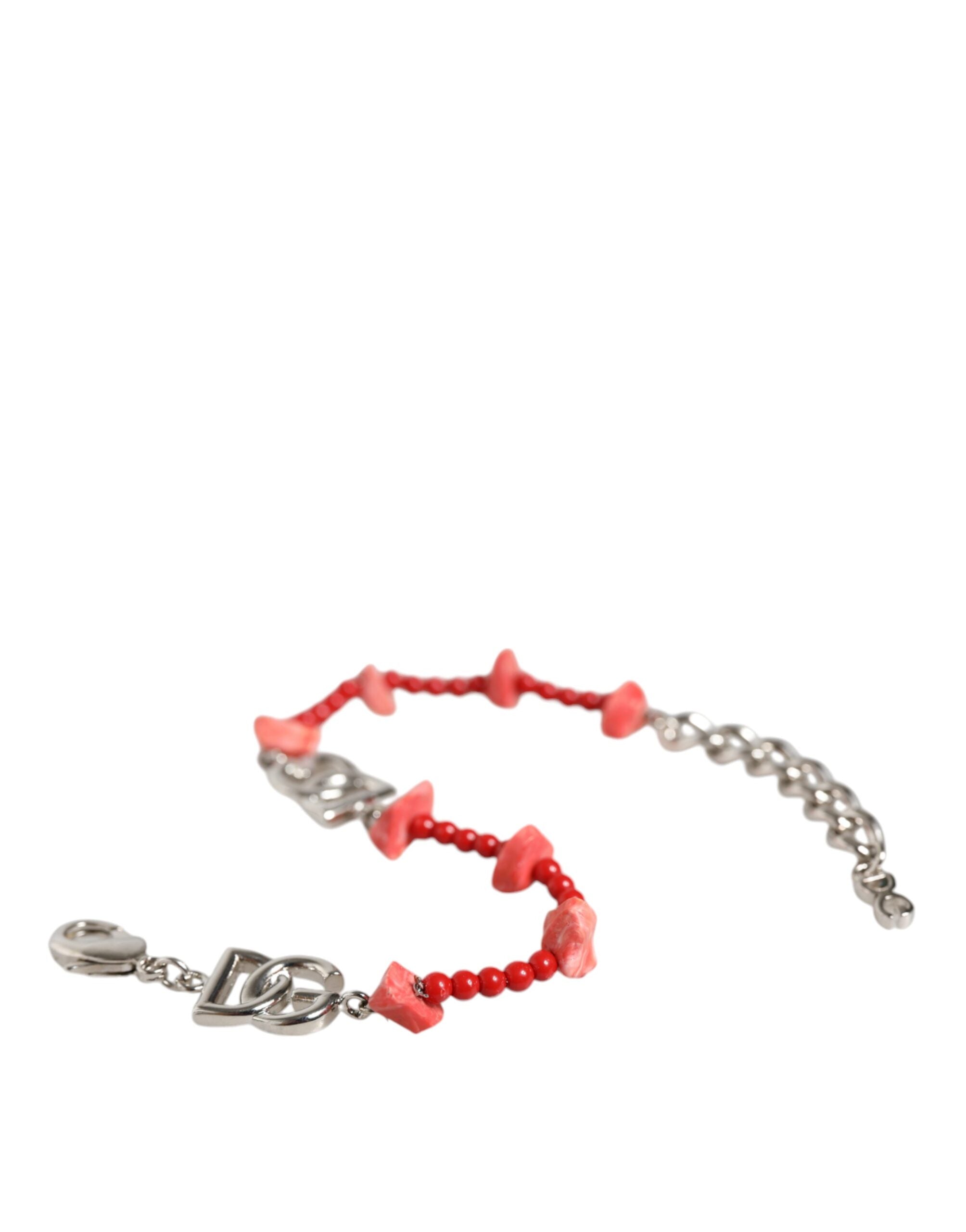 Dolce &amp; Gabbana – Silberfarbenes Kettenarmband mit DG-Logo und Perlen aus Kunstharz