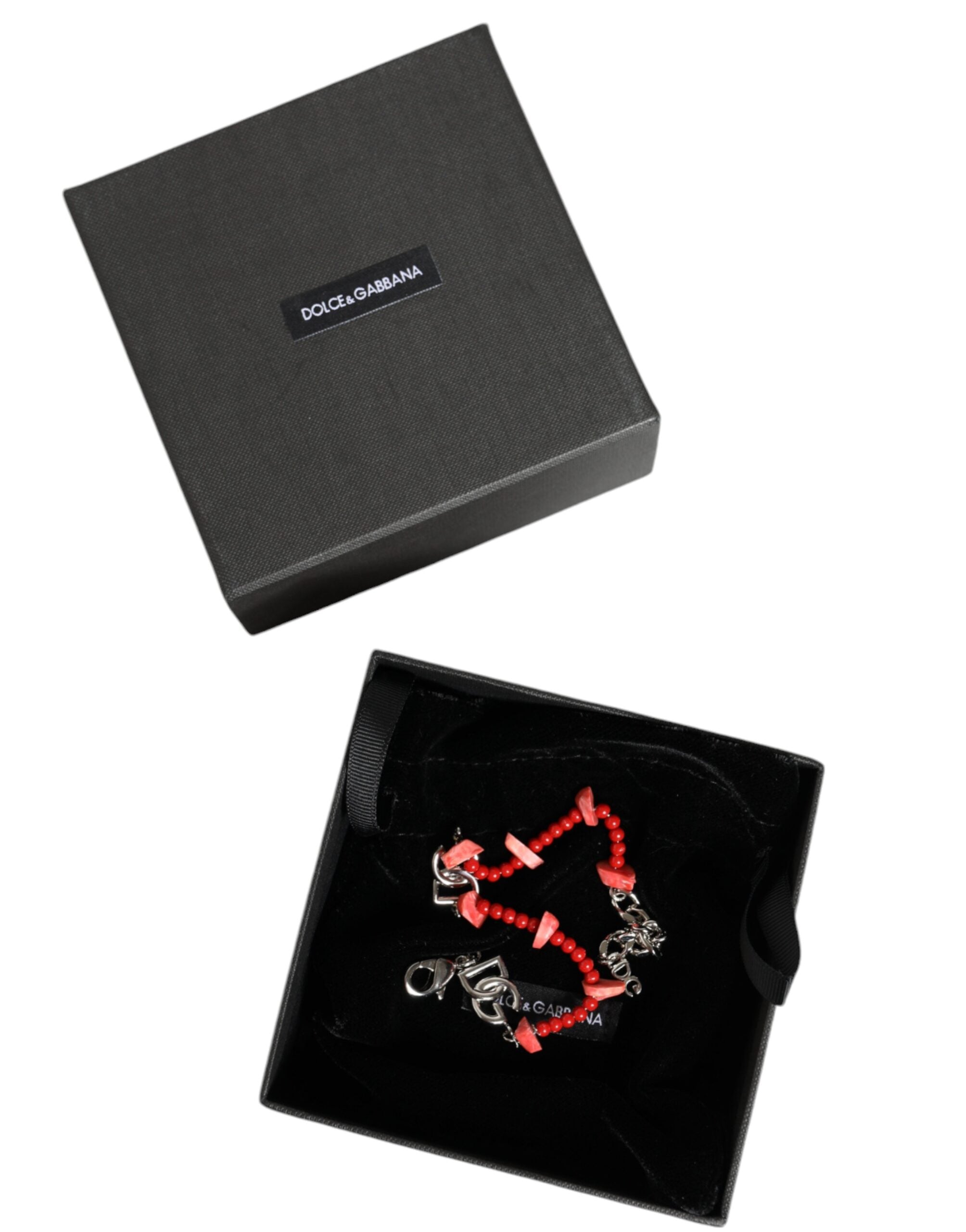Dolce &amp; Gabbana – Silberfarbenes Kettenarmband mit DG-Logo und Perlen aus Kunstharz