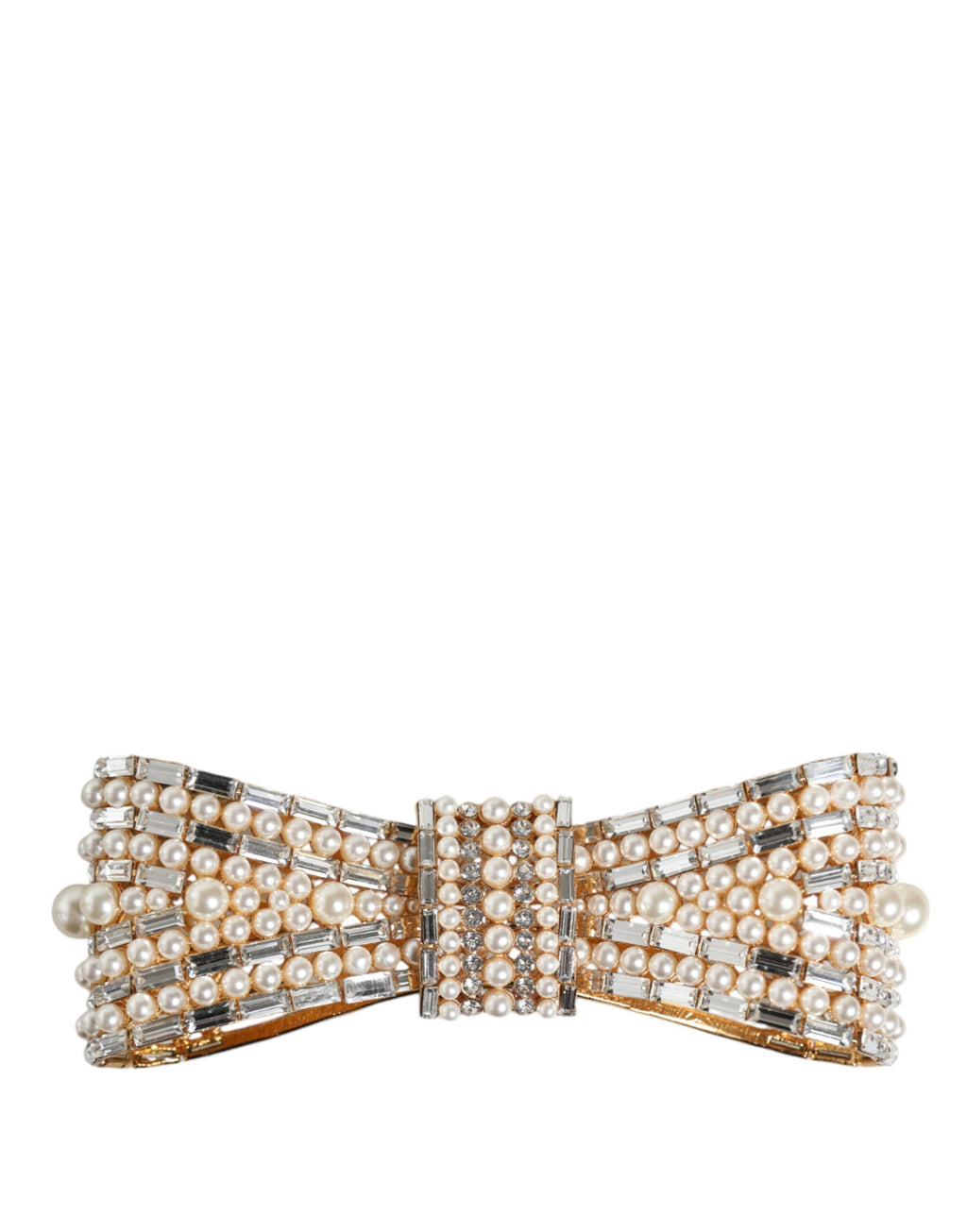 Dolce &amp; Gabbana Brosche aus goldfarbenem Messing mit Schleife und Kristall-Kunstperlen