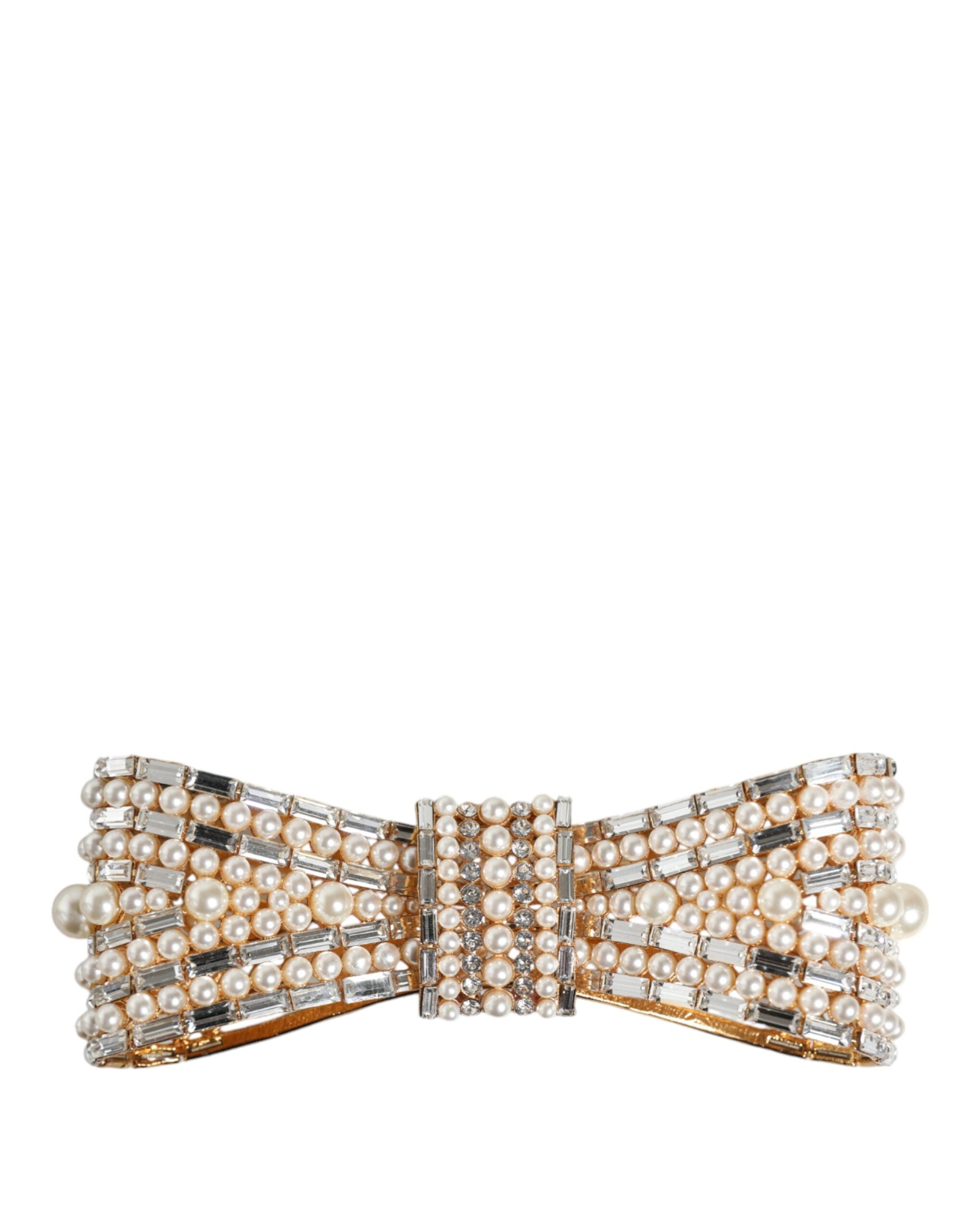 Dolce &amp; Gabbana Brosche aus goldfarbenem Messing mit Schleife und Kristall-Kunstperlen