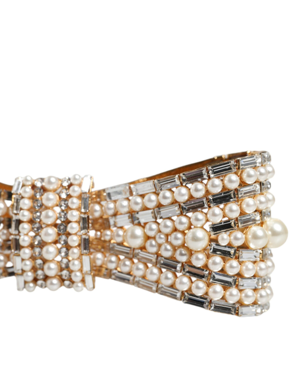 Dolce &amp; Gabbana Brosche aus goldfarbenem Messing mit Schleife und Kristall-Kunstperlen