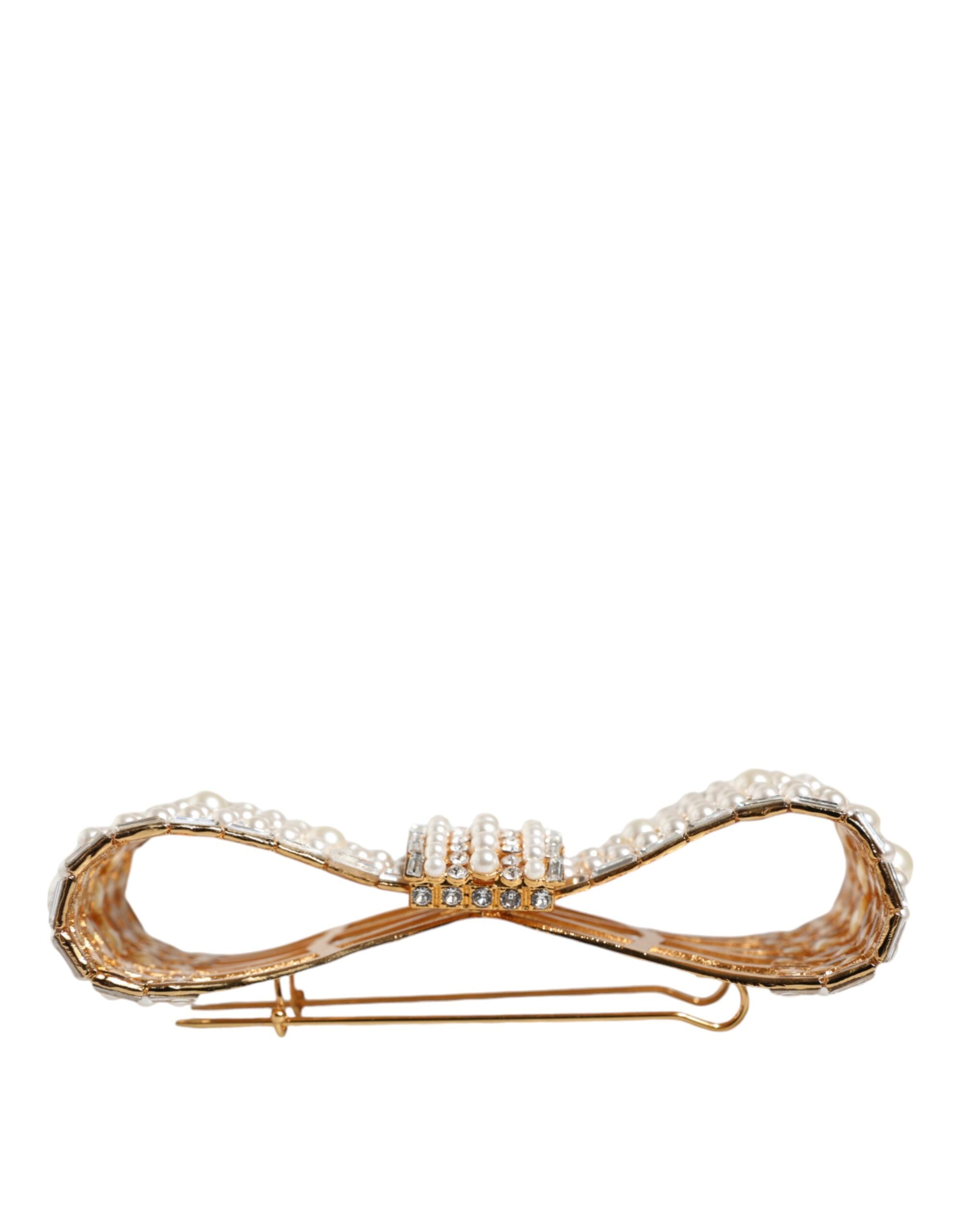 Dolce &amp; Gabbana Brosche aus goldfarbenem Messing mit Schleife und Kristall-Kunstperlen
