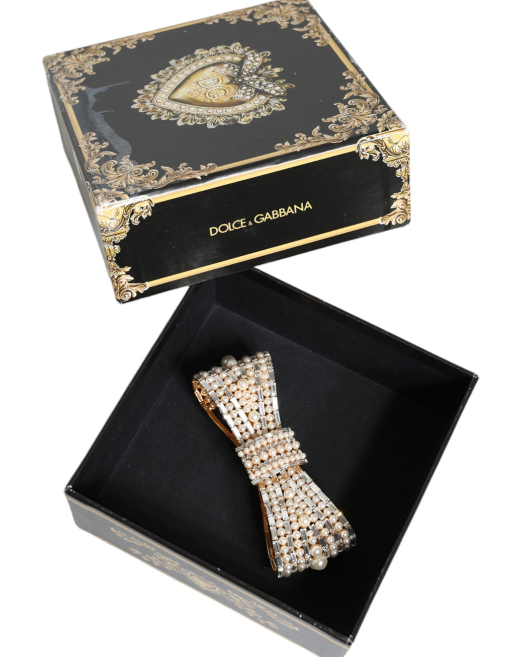 Dolce &amp; Gabbana Brosche aus goldfarbenem Messing mit Schleife und Kristall-Kunstperlen