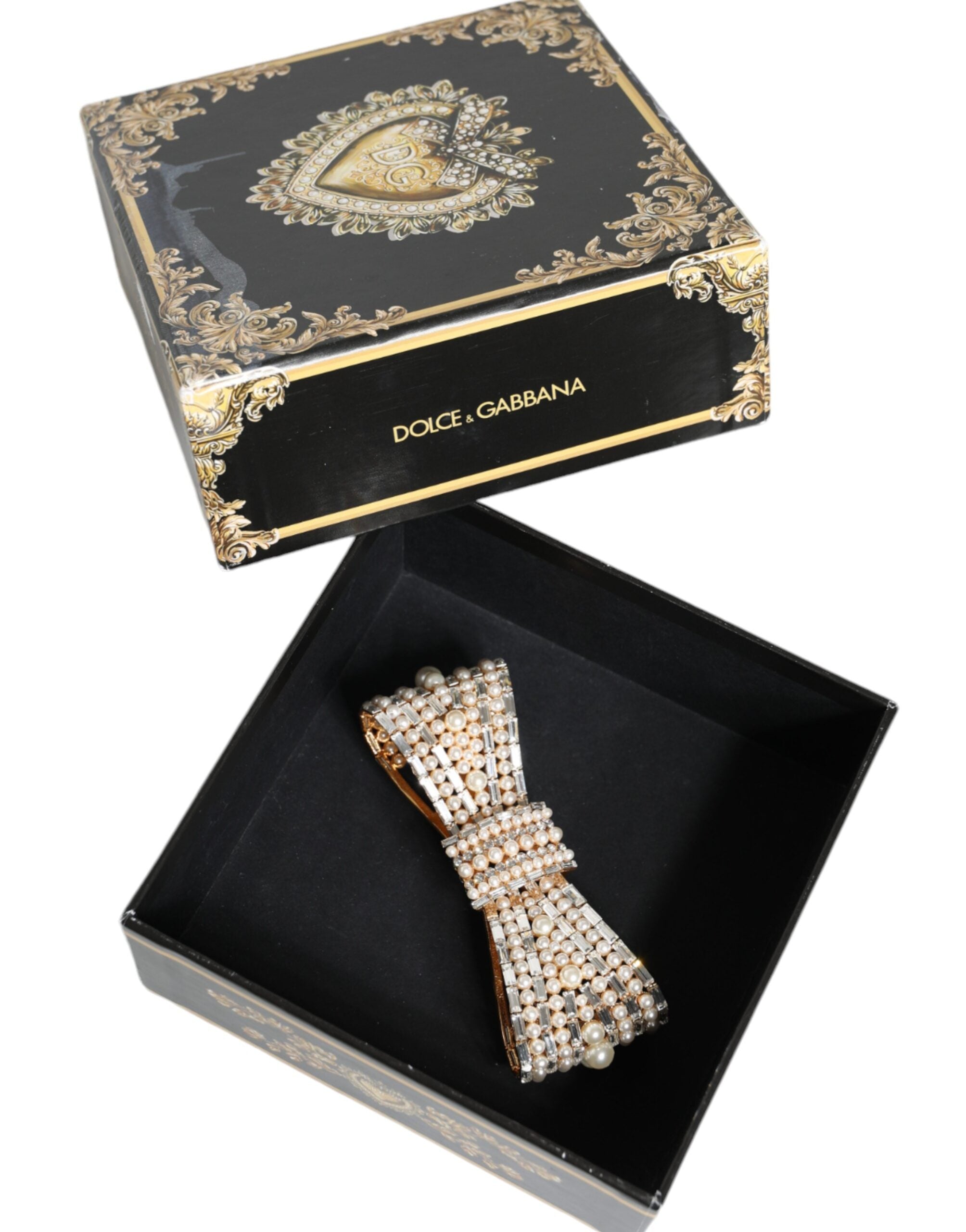 Dolce &amp; Gabbana Brosche aus goldfarbenem Messing mit Schleife und Kristall-Kunstperlen