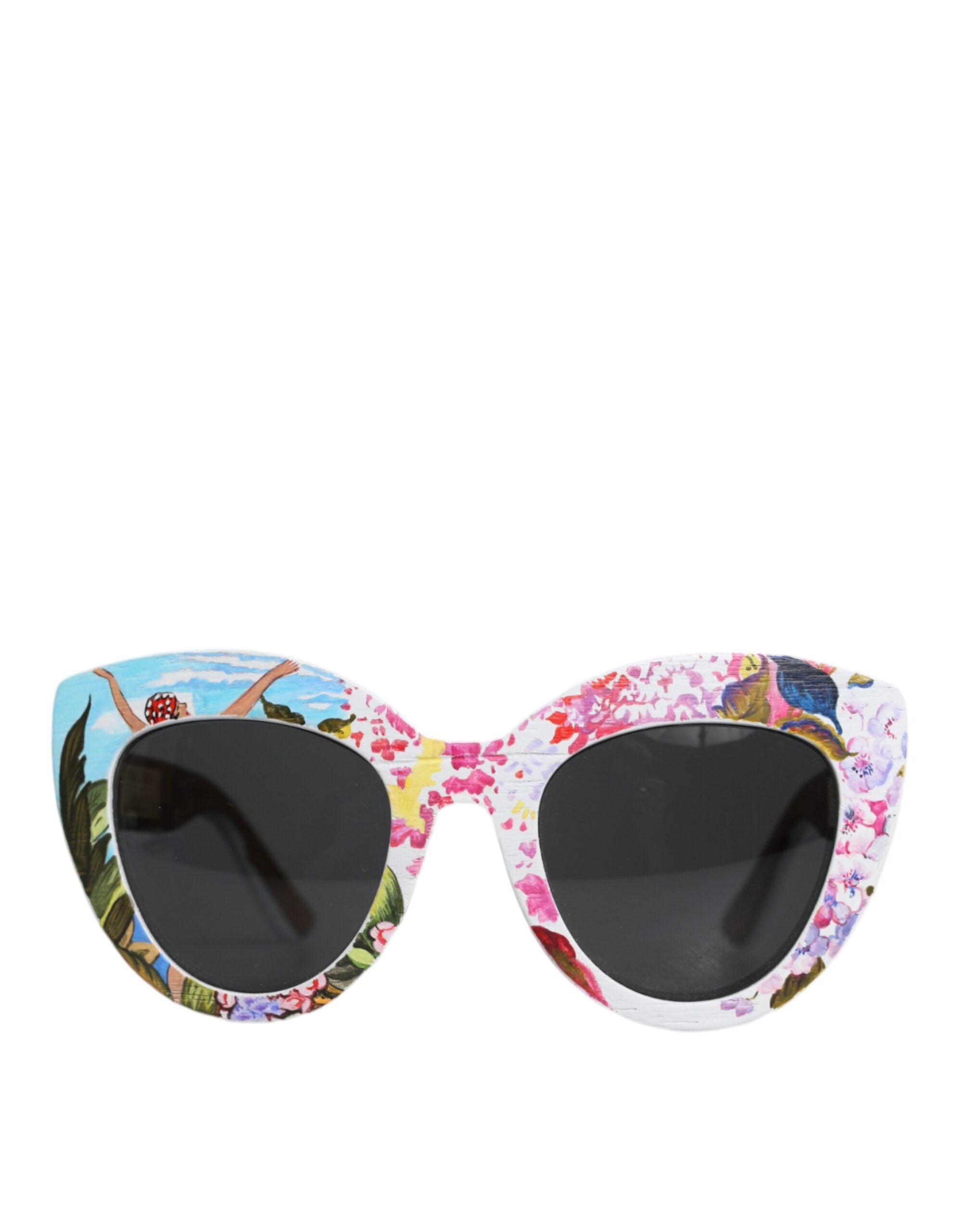 Dolce &amp; Gabbana Sonnenbrille mit mehrfarbigem Holz- und Kristallrahmen sowie handbemaltem Blumenmuster