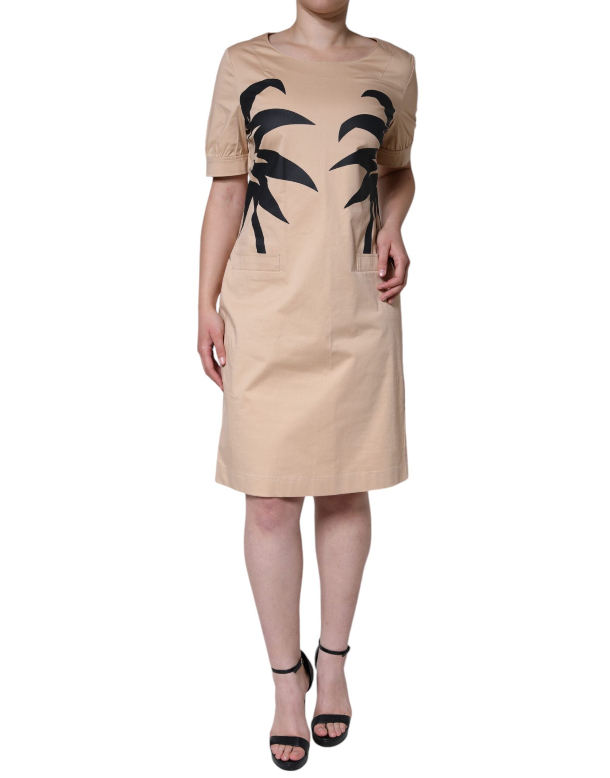 Moschino Beiges, kurzärmliges, knielanges Baumwollkleid