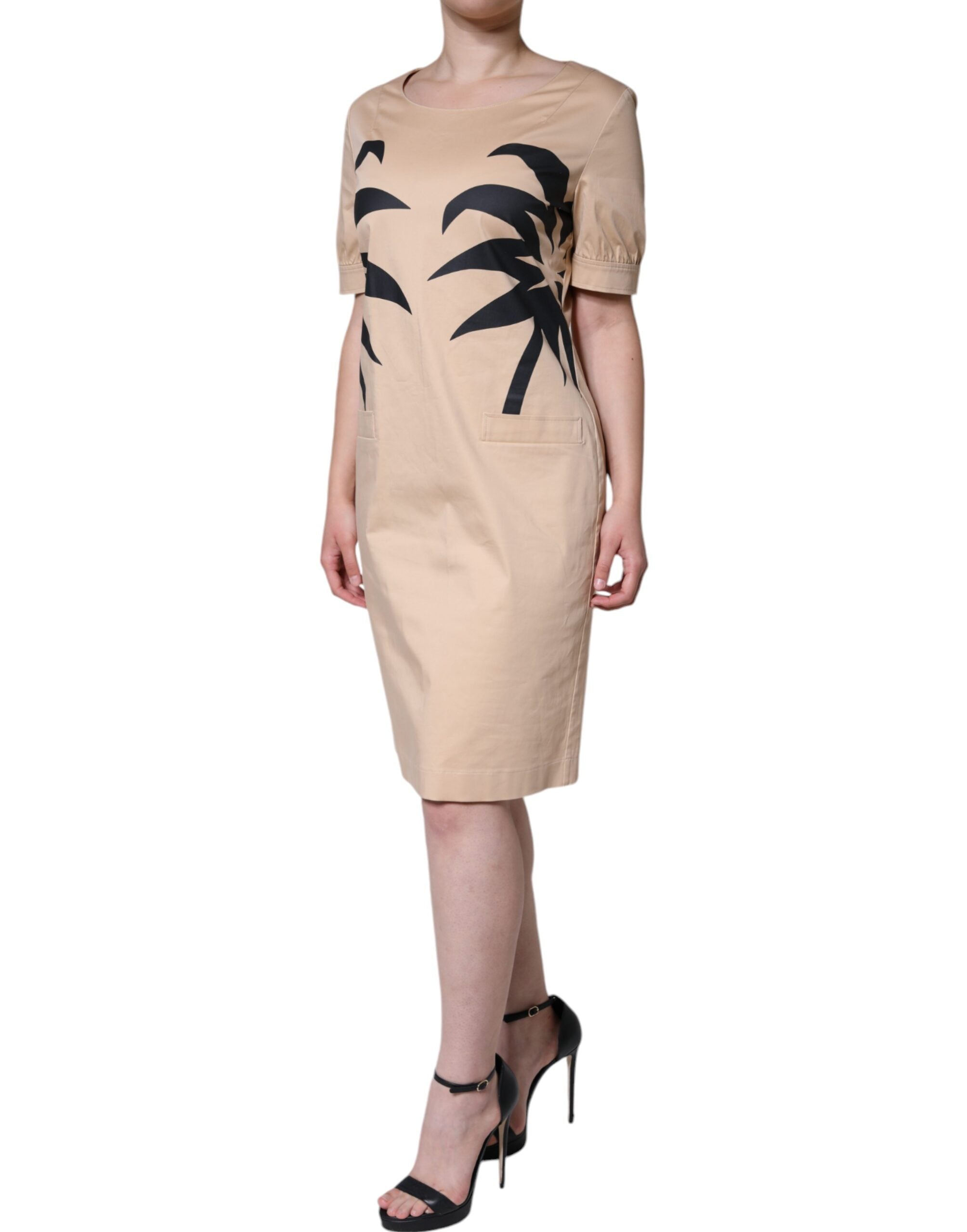 Moschino Beiges, kurzärmliges, knielanges Baumwollkleid
