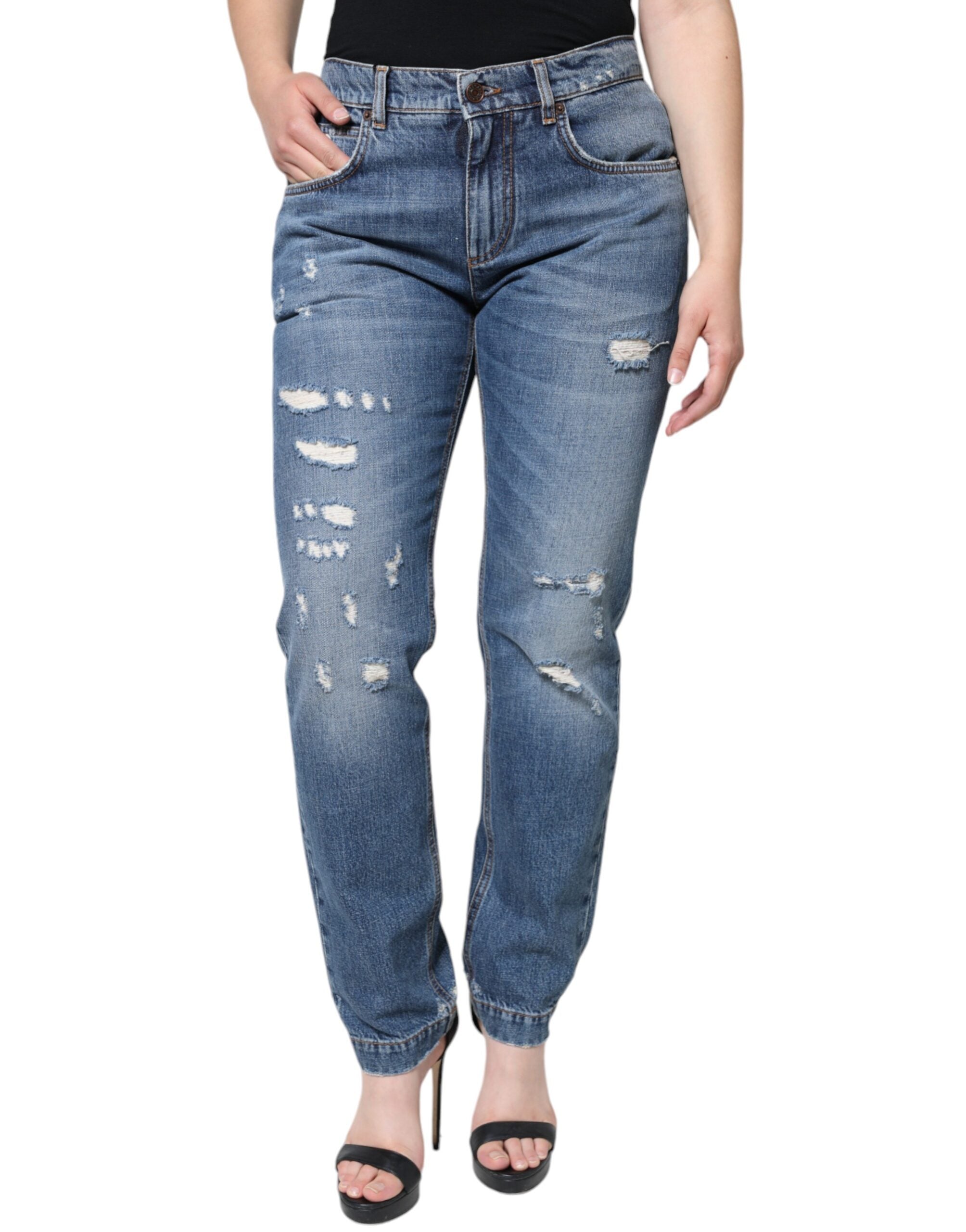 Dolce &amp; Gabbana – Zerfetzte Boyfriendjeans aus blauer Baumwolle