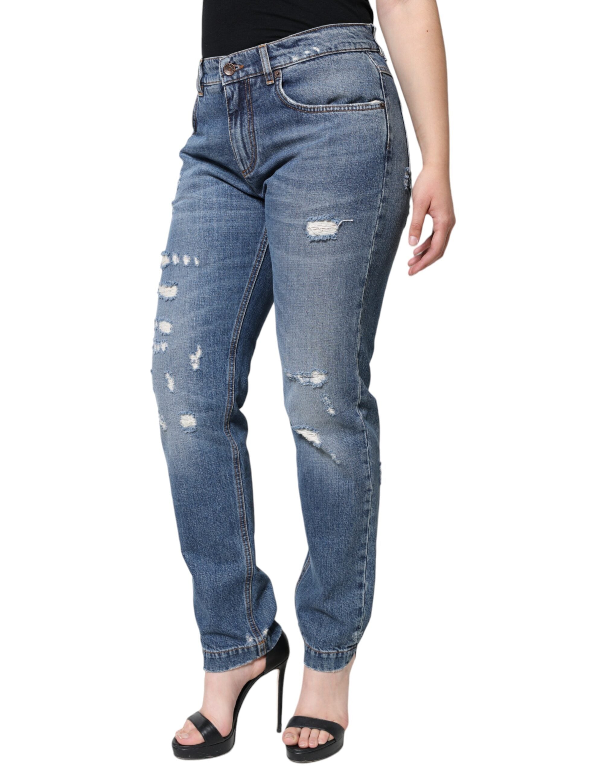 Dolce &amp; Gabbana – Zerfetzte Boyfriendjeans aus blauer Baumwolle