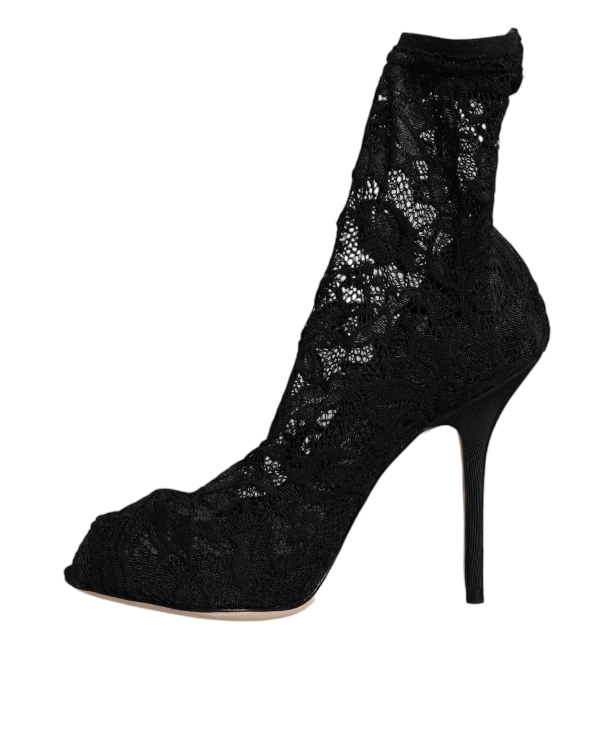Dolce &amp; Gabbana – Wadenhohe Stiefel mit Stretch-Absatz und schwarzer Spitze