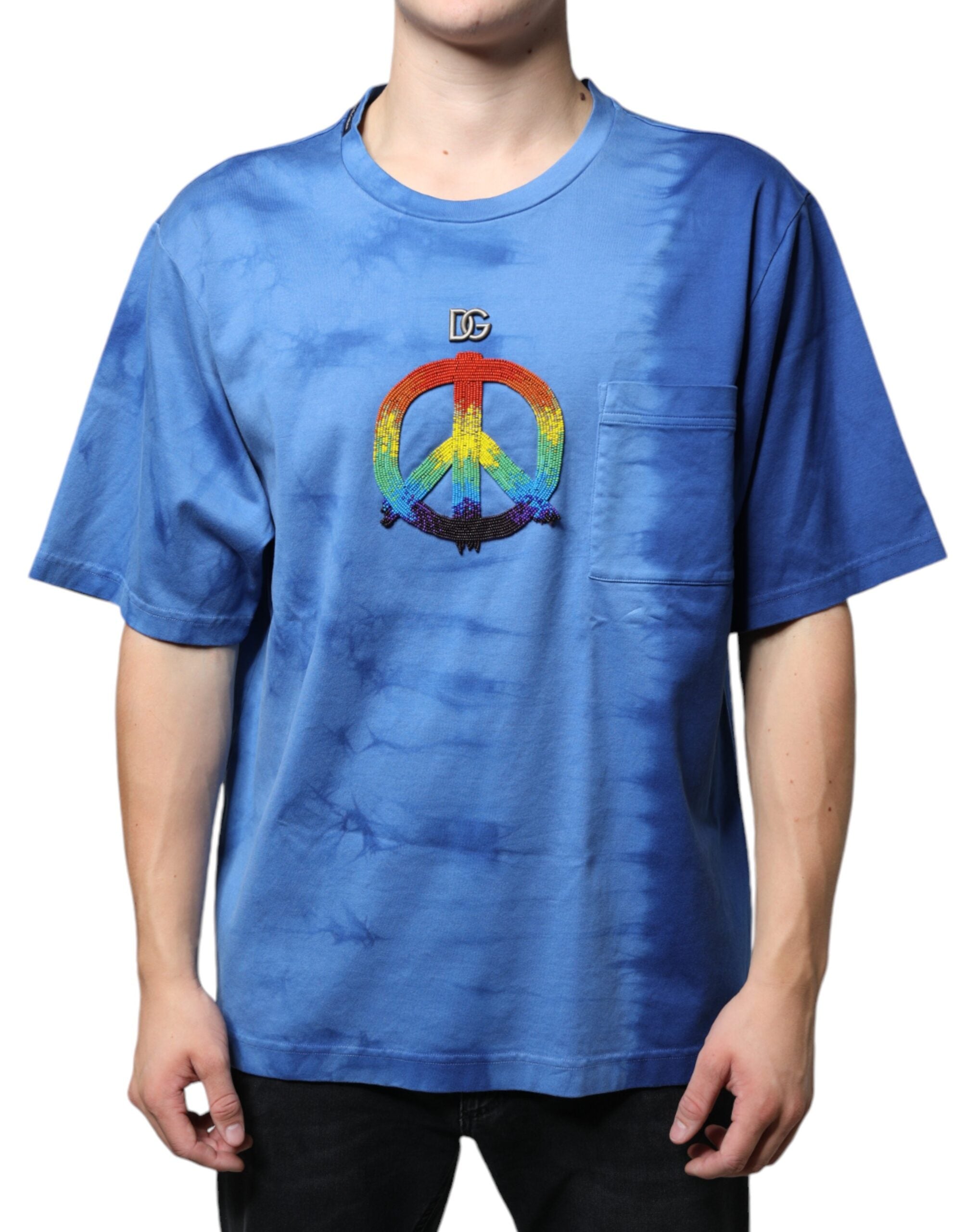 Dolce &amp; Gabbana Blaues Baumwoll-T-Shirt mit Friedenszeichen und Batikmuster