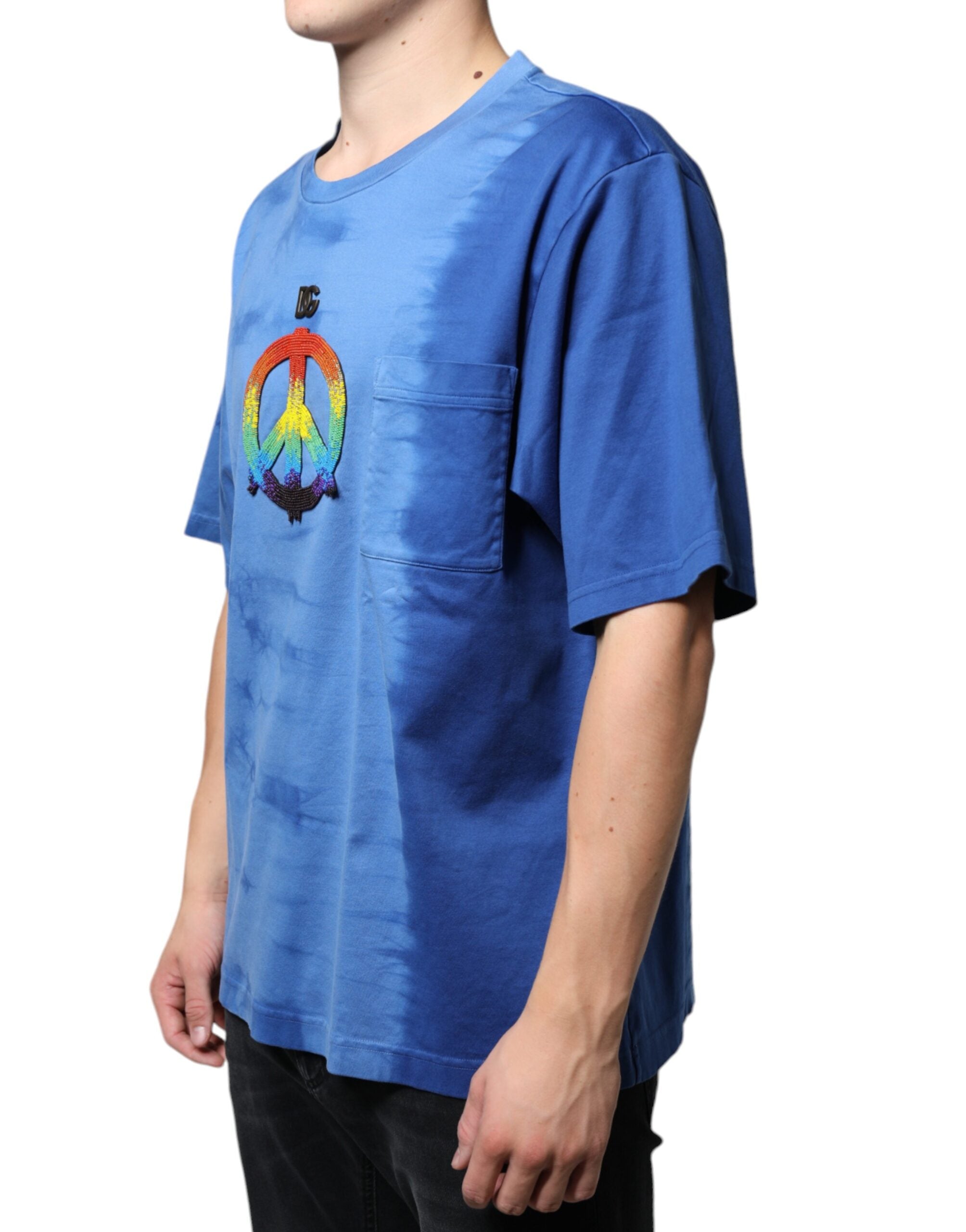 Dolce &amp; Gabbana Blaues Baumwoll-T-Shirt mit Friedenszeichen und Batikmuster
