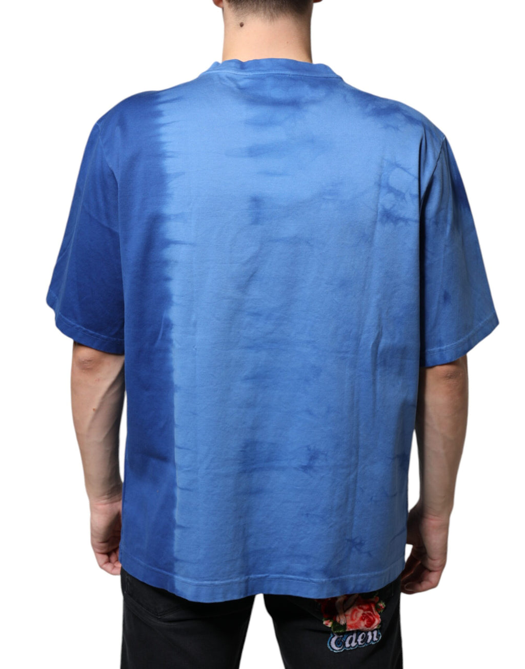 Dolce &amp; Gabbana Blaues Baumwoll-T-Shirt mit Friedenszeichen und Batikmuster