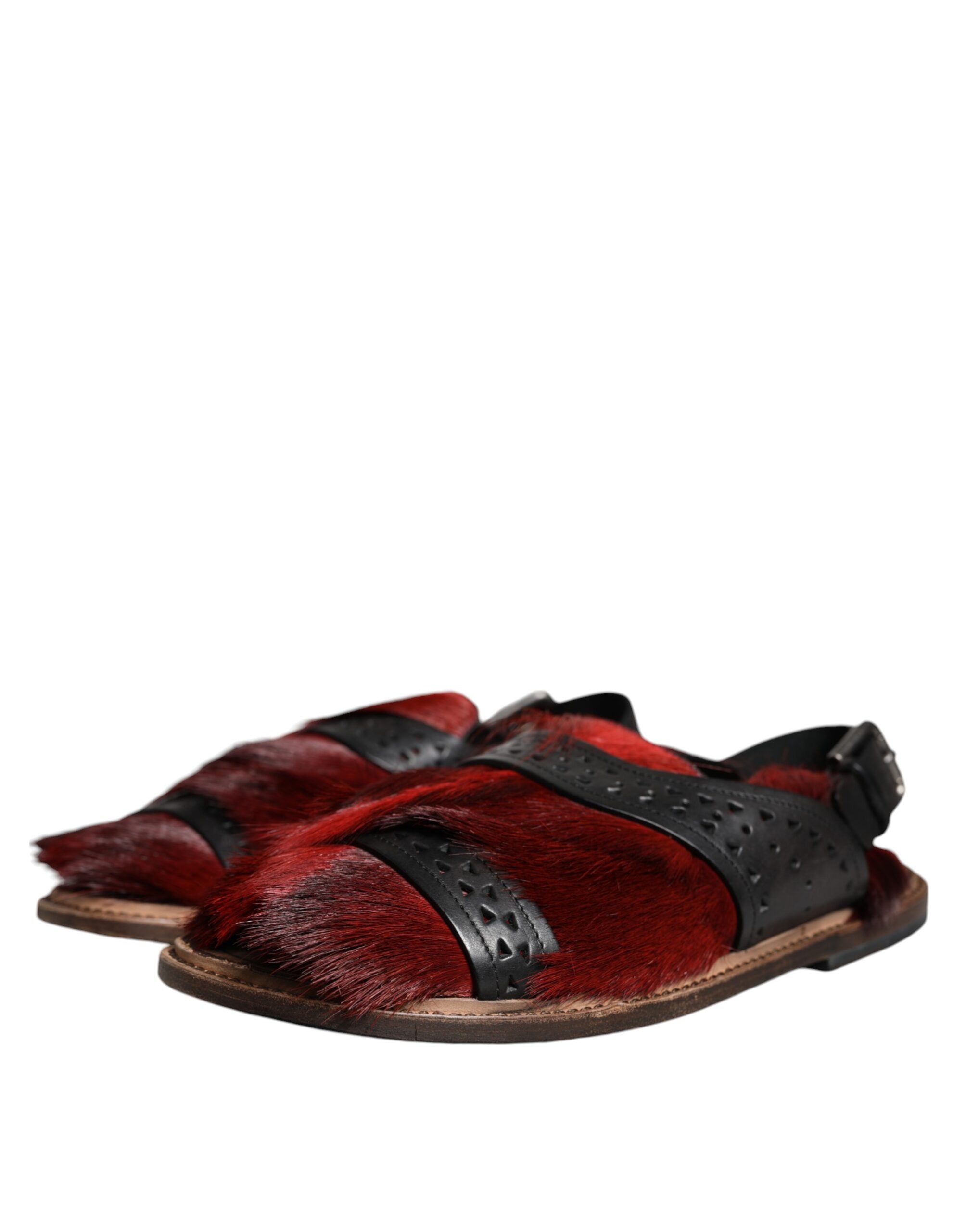 Dolce &amp; Gabbana Schwarz Rot Gazelle Haar Leder Sandalen Schuhe