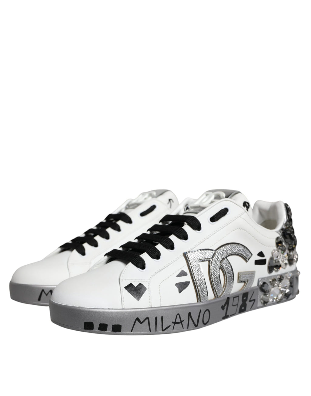 Dolce &amp; Gabbana – Portofino – Sneaker mit Kristall-Logo in Weiß und Silber